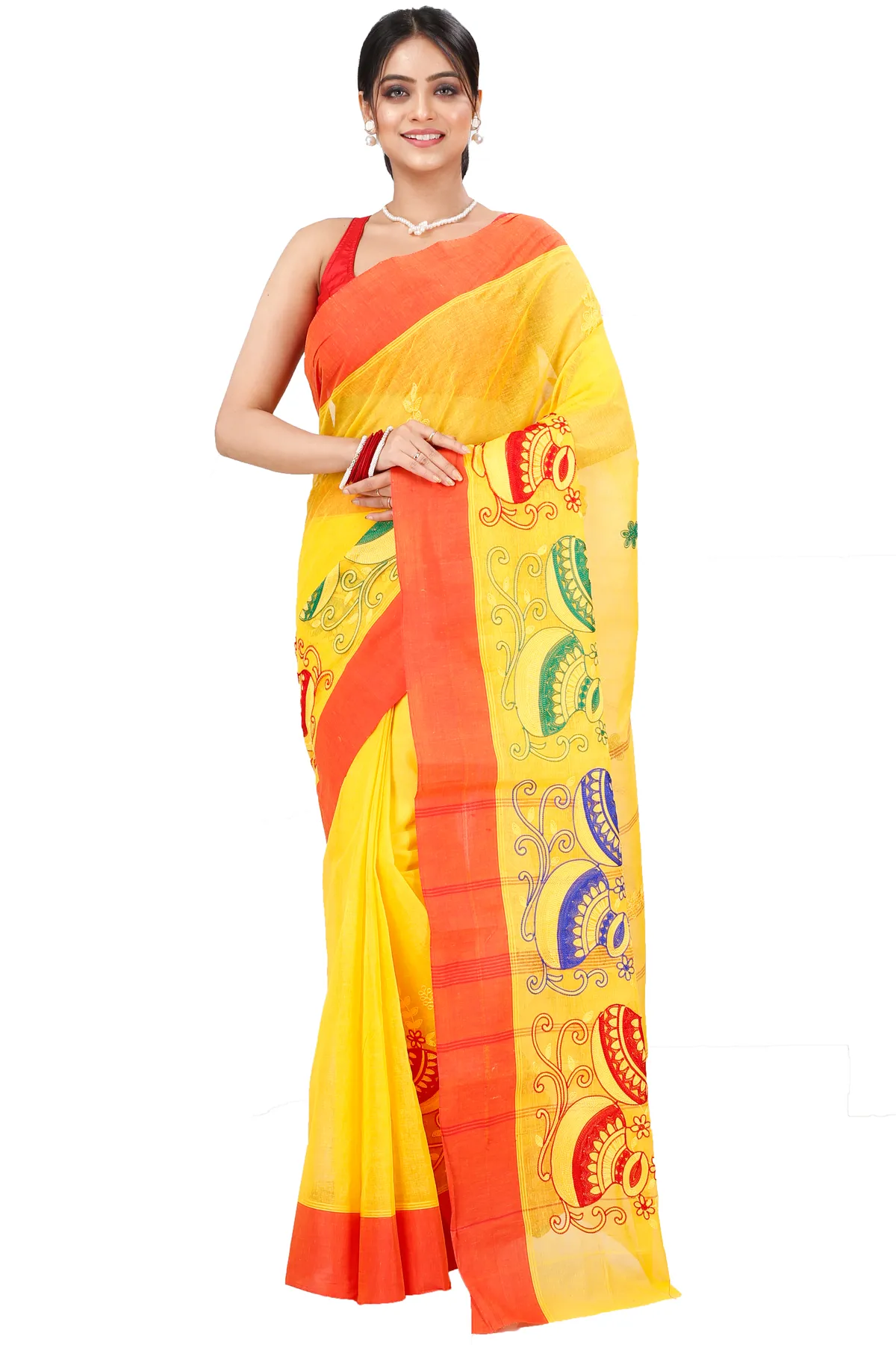 DipDiya Pure Cotton Yellow Red Embi Elu Ghot Bengal in Every Thread Embroidery Tant Sarees