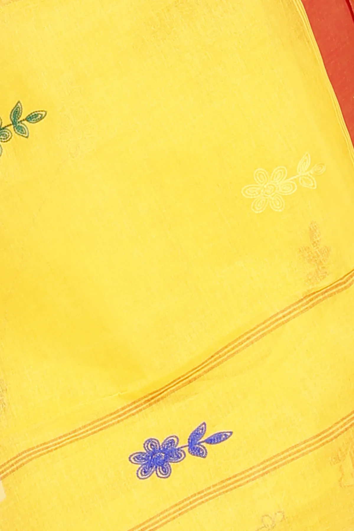 DipDiya Pure Cotton Yellow Red Embi Elu Ghot Bengal in Every Thread Embroidery Tant Sarees