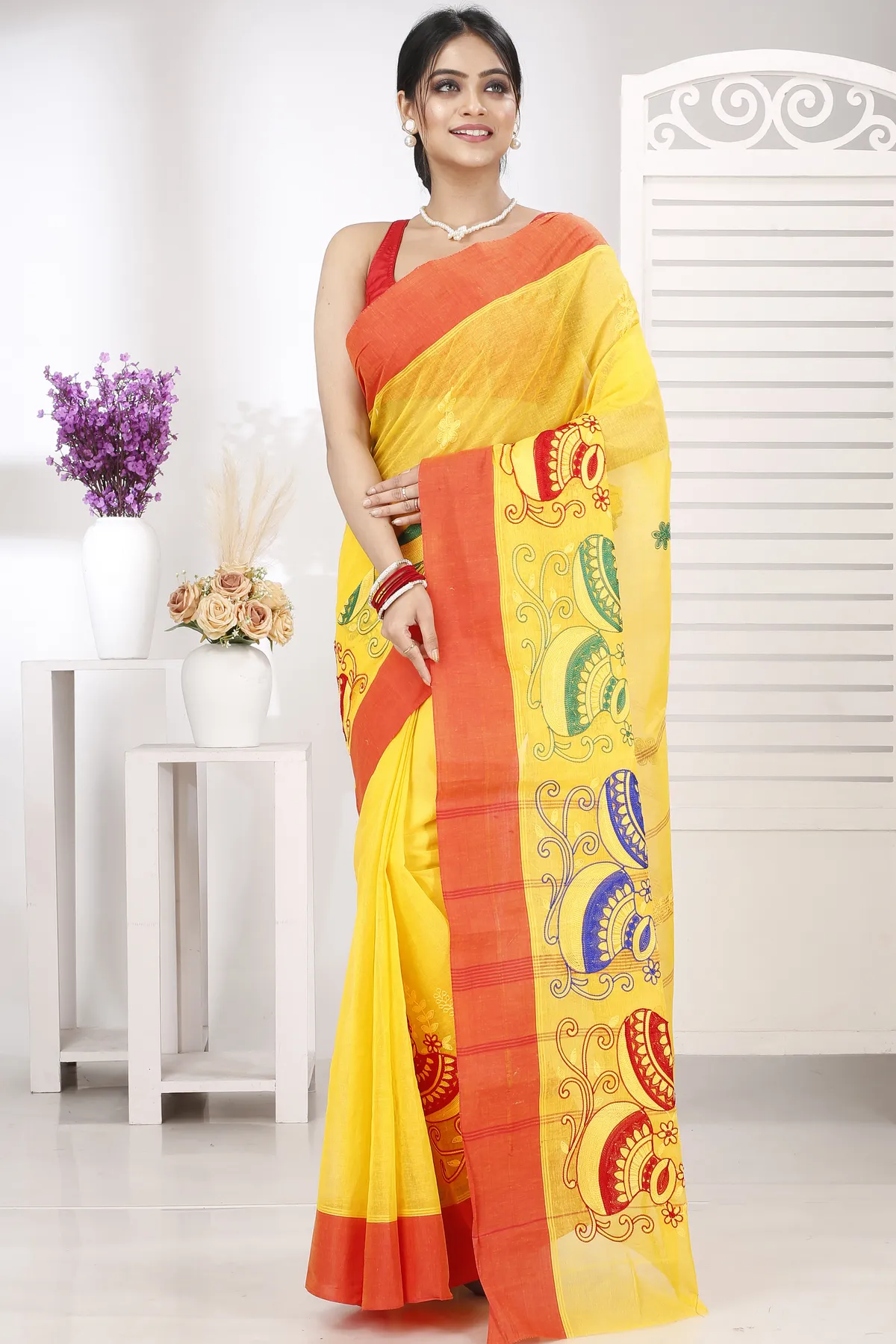 DipDiya Pure Cotton Yellow Red Embi Elu Ghot Bengal in Every Thread Embroidery Tant Sarees