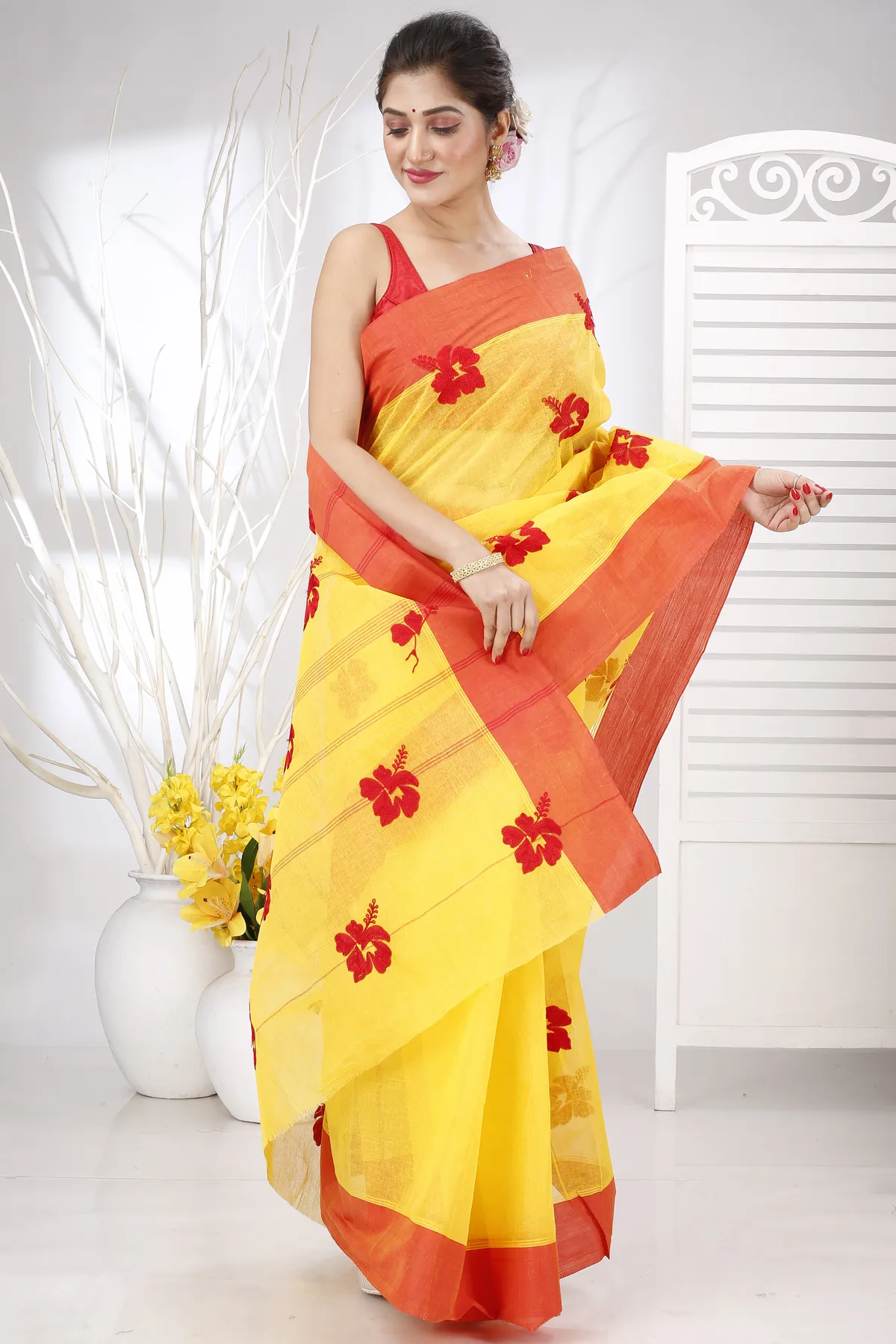 DipDiya Pure Cotton Yellow Red Embi Elu Joba Crafted with Soul Embroidery Tant Sarees