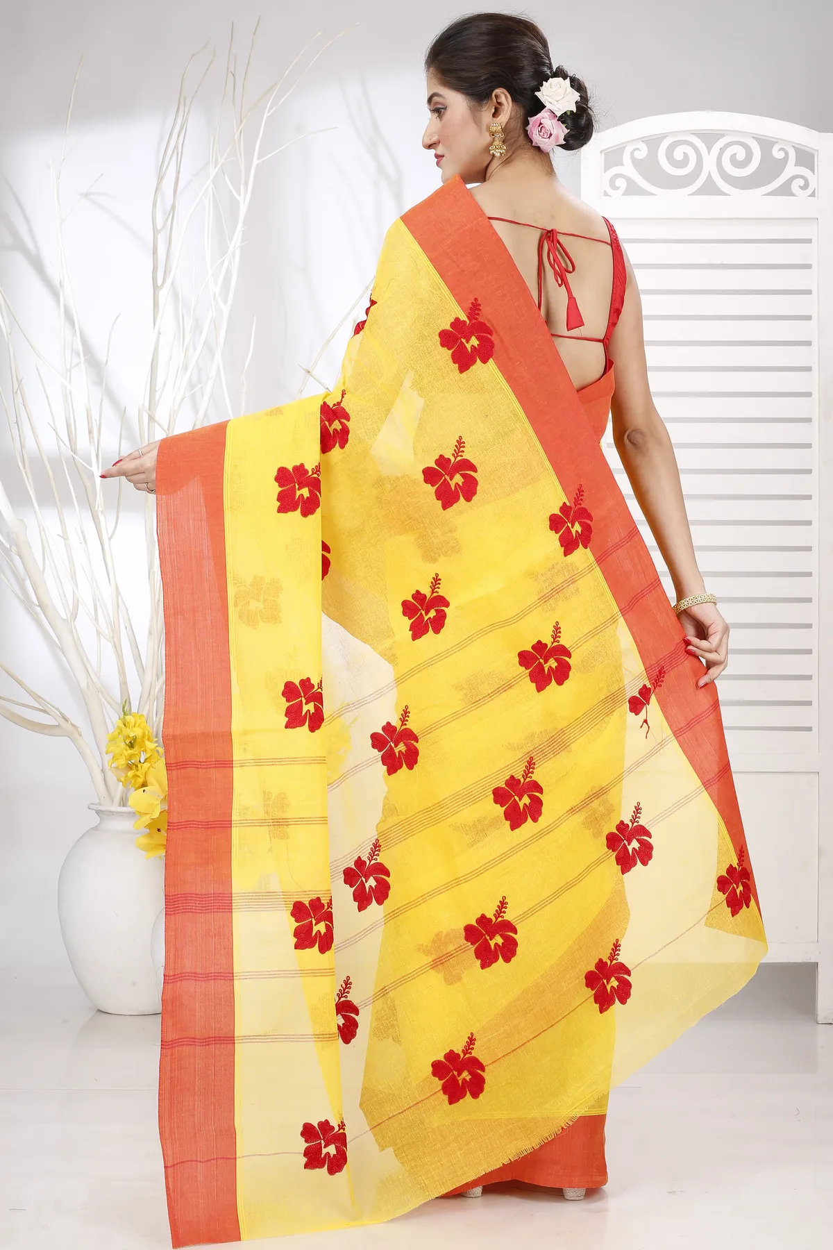 DipDiya Pure Cotton Yellow Red Embi Elu Joba Crafted with Soul Embroidery Tant Sarees