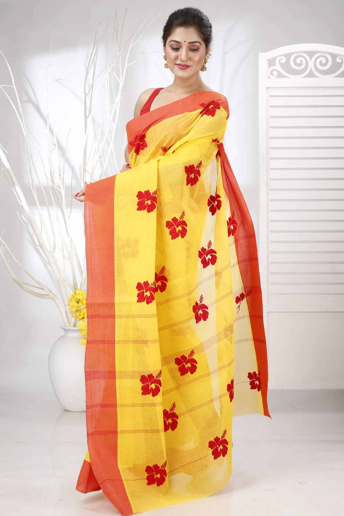 DipDiya Pure Cotton Yellow Red Embi Elu Joba Crafted with Soul Embroidery Tant Sarees