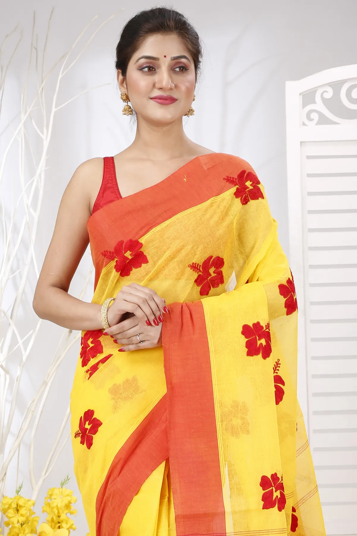 DipDiya Pure Cotton Yellow Red Embi Elu Joba Crafted with Soul Embroidery Tant Sarees