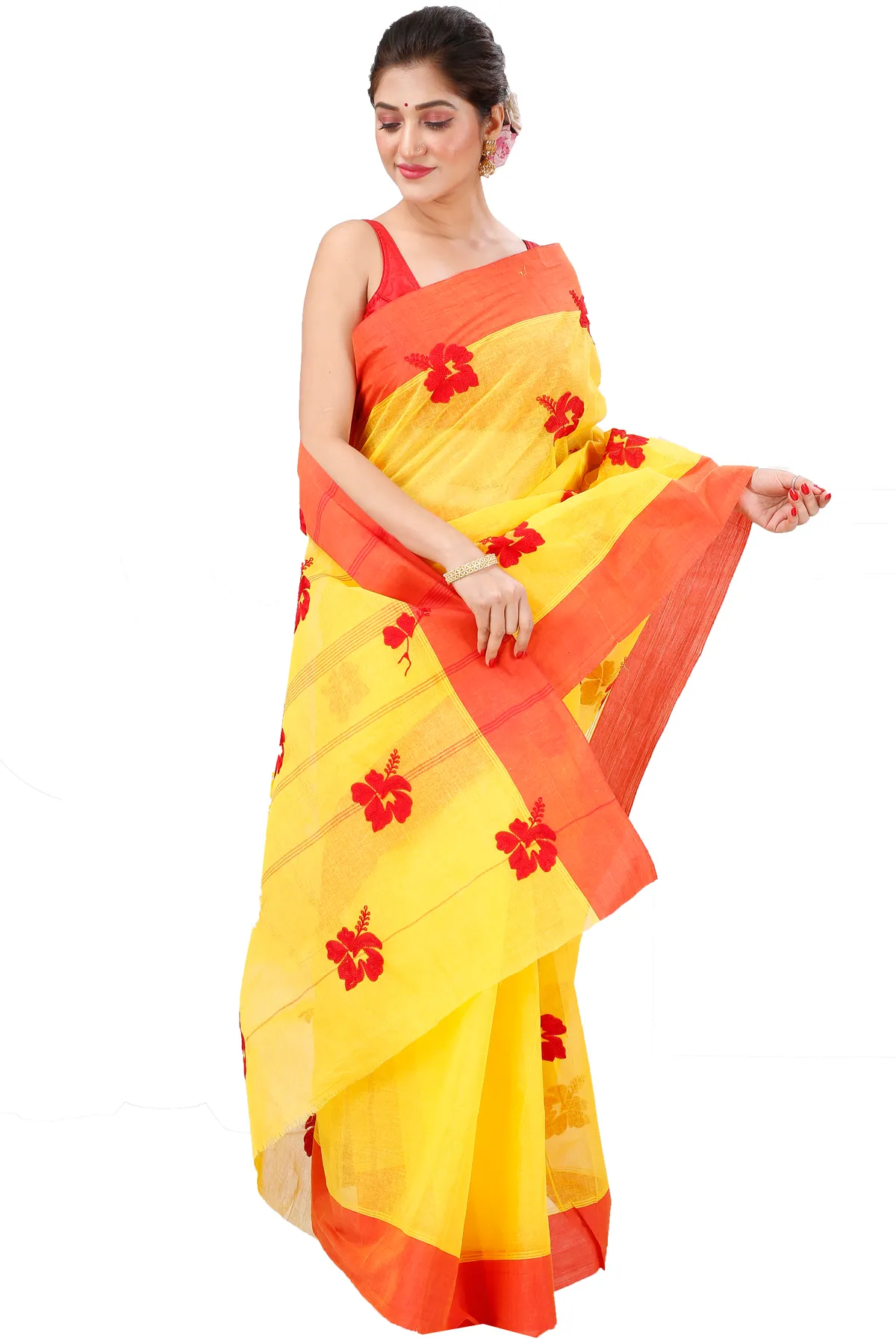 DipDiya Pure Cotton Yellow Red Embi Elu Joba Crafted with Soul Embroidery Tant Sarees