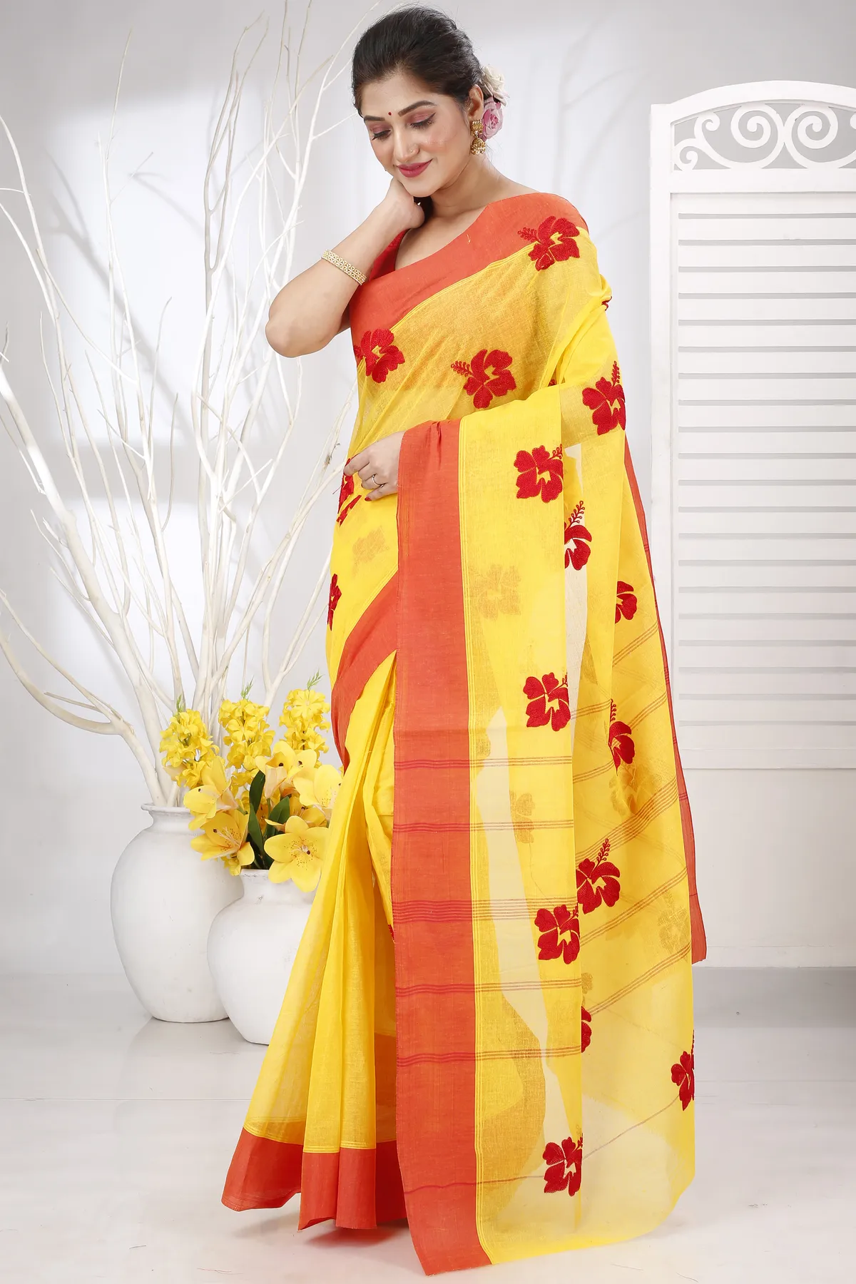 DipDiya Pure Cotton Yellow Red Embi Elu Joba Crafted with Soul Embroidery Tant Sarees