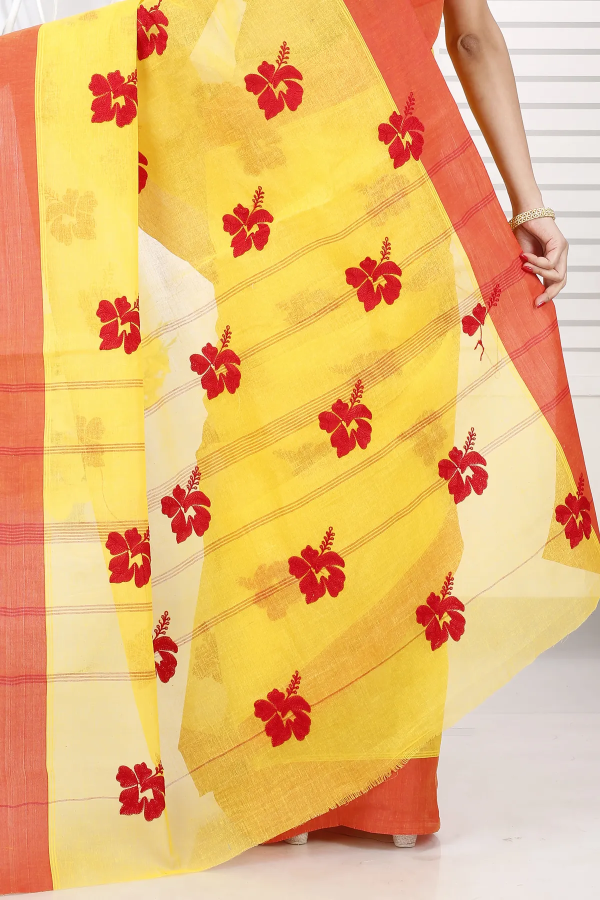 DipDiya Pure Cotton Yellow Red Embi Elu Joba Crafted with Soul Embroidery Tant Sarees