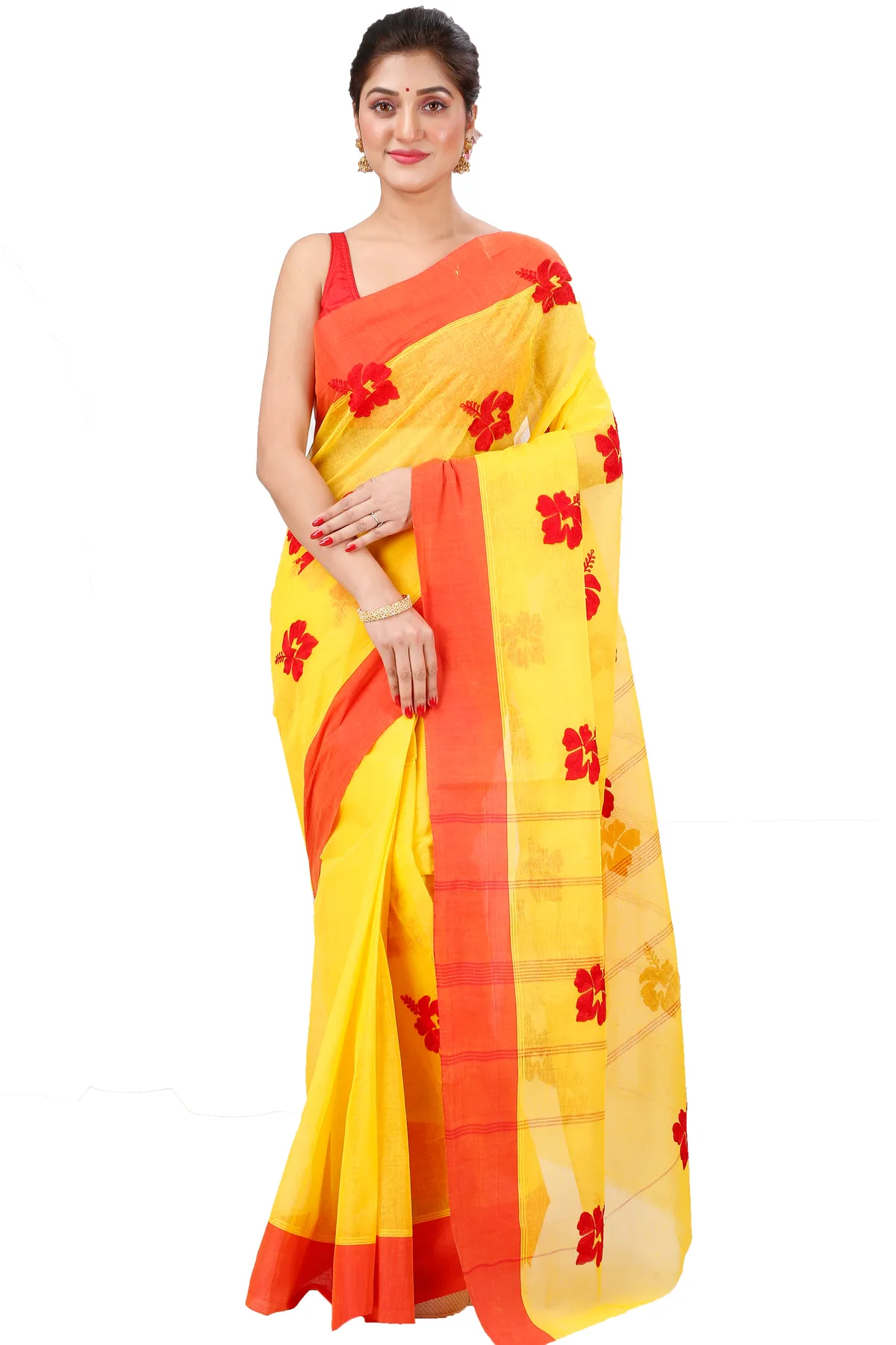 DipDiya Pure Cotton Yellow Red Embi Elu Joba Crafted with Soul Embroidery Tant Sarees