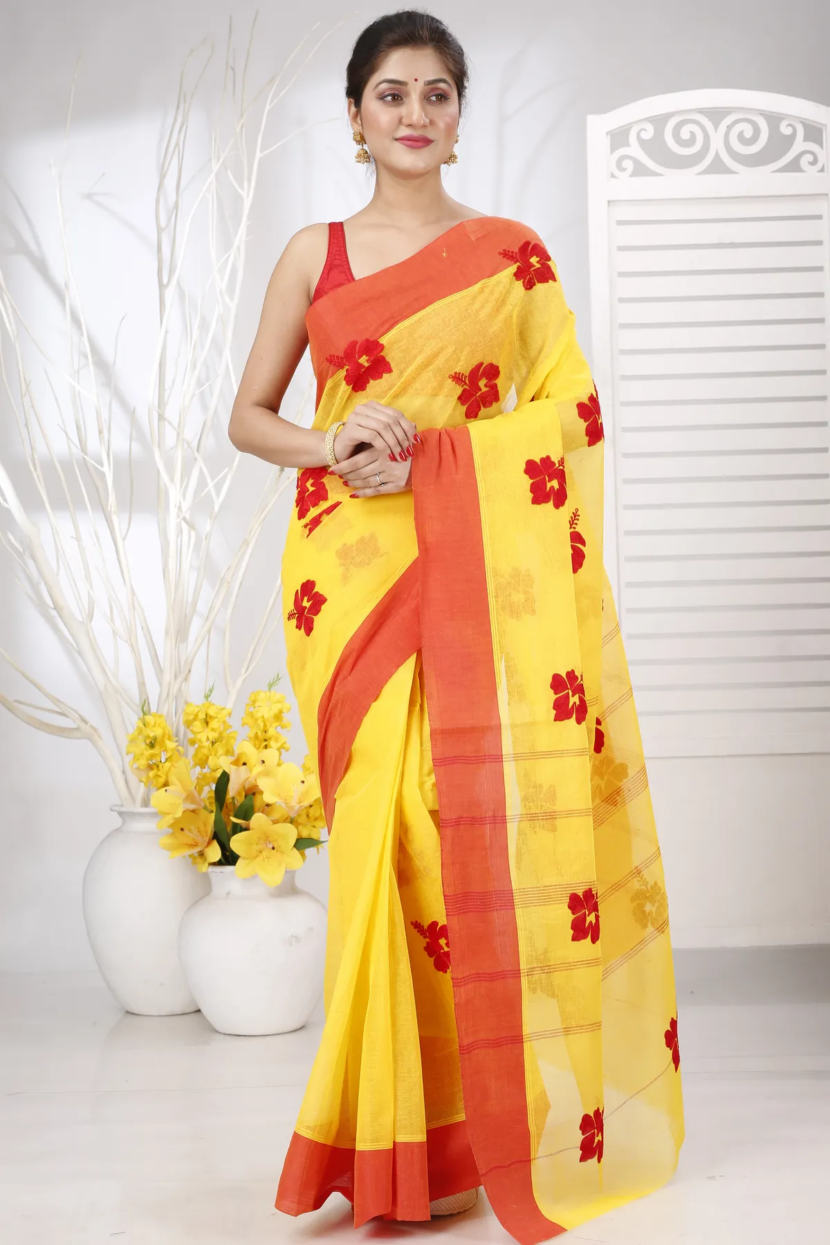 DipDiya Pure Cotton Yellow Red Embi Elu Joba Crafted with Soul Embroidery Tant Sarees