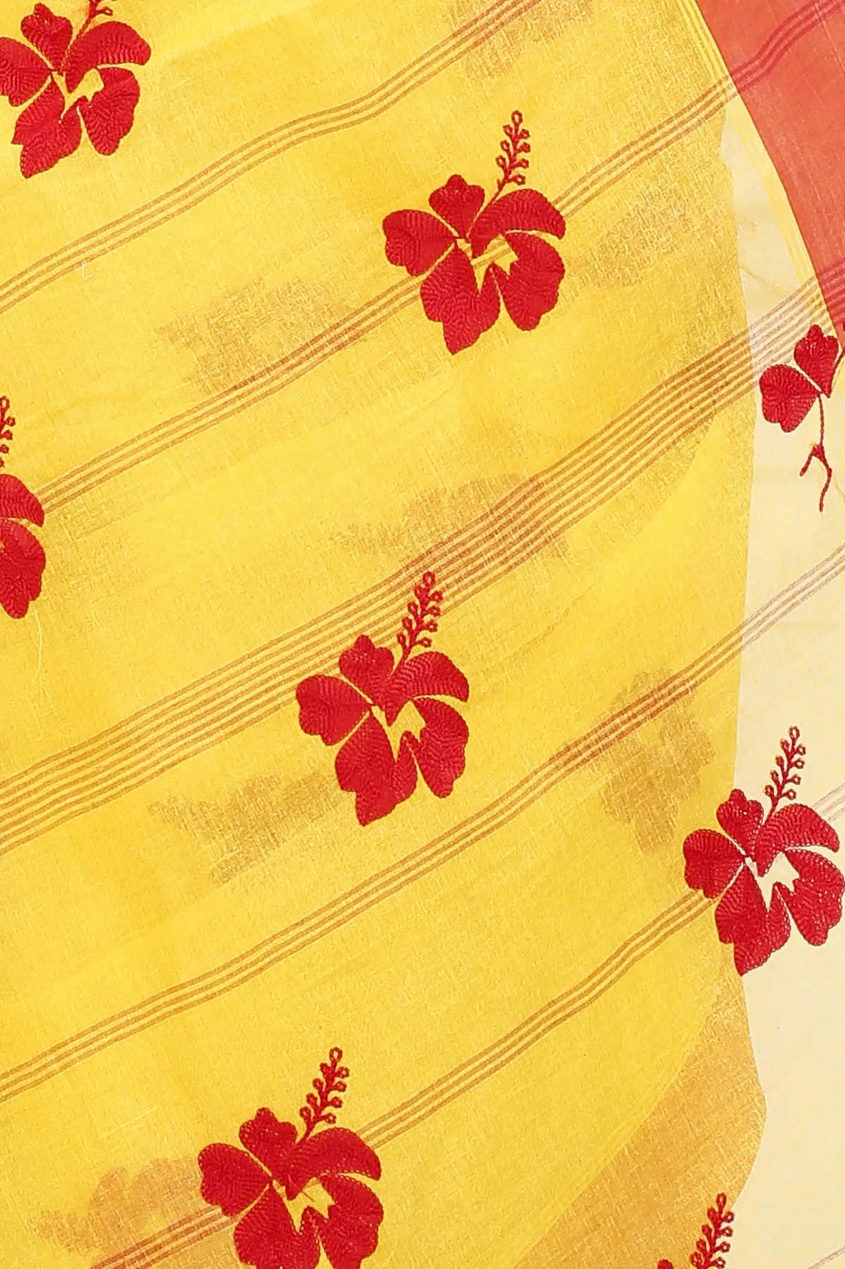 DipDiya Pure Cotton Yellow Red Embi Elu Joba Crafted with Soul Embroidery Tant Sarees