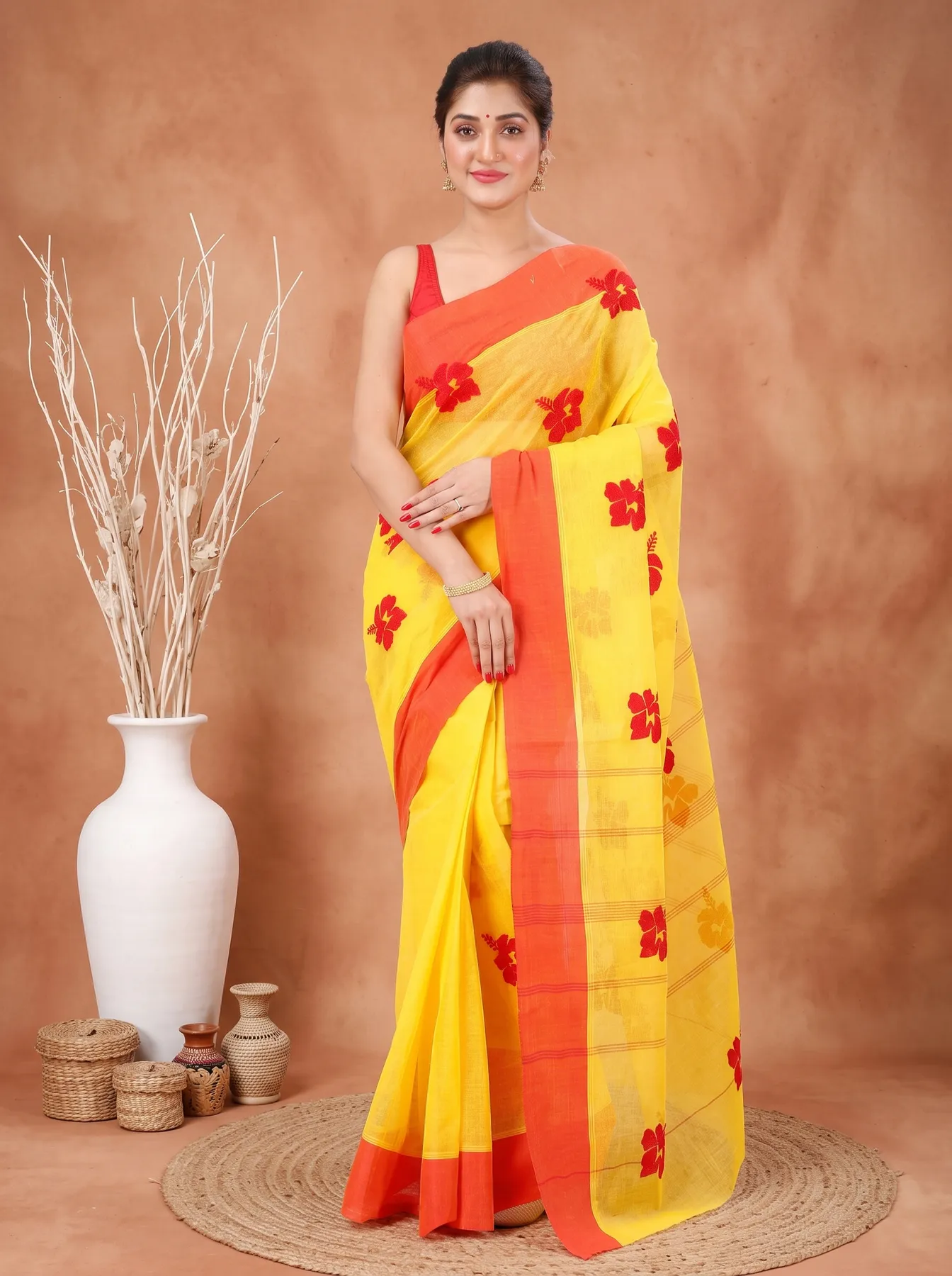 DipDiya Pure Cotton Yellow Red Embi Elu Joba Crafted with Soul Embroidery Tant Sarees
