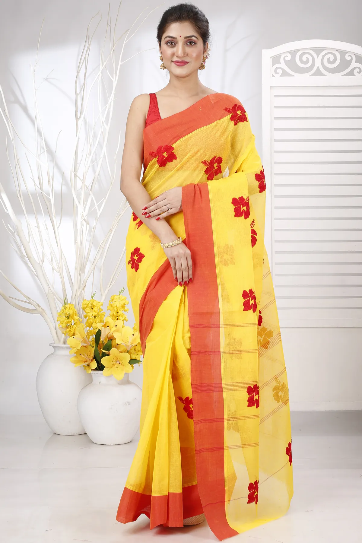 DipDiya Pure Cotton Yellow Red Embi Elu Joba Crafted with Soul Embroidery Tant Sarees