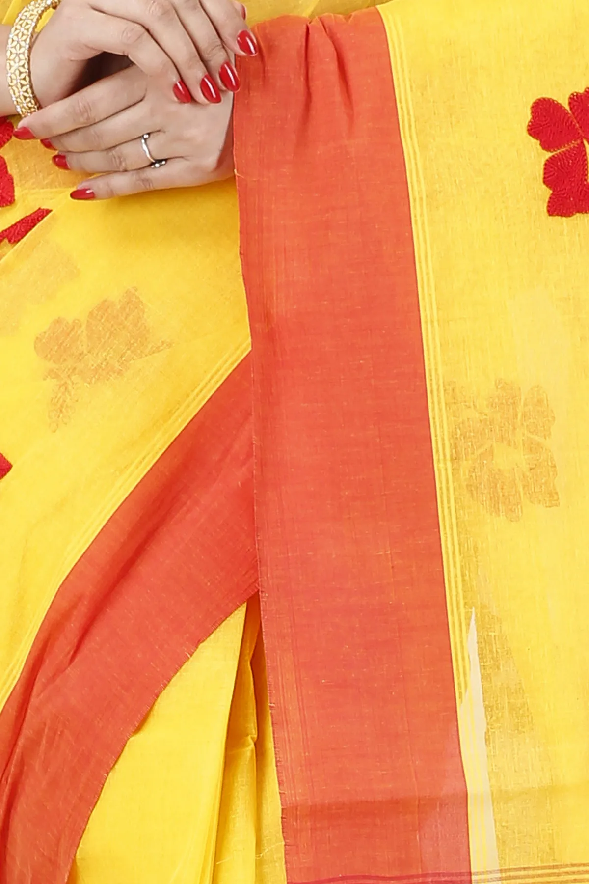 DipDiya Pure Cotton Yellow Red Embi Elu Joba Crafted with Soul Embroidery Tant Sarees