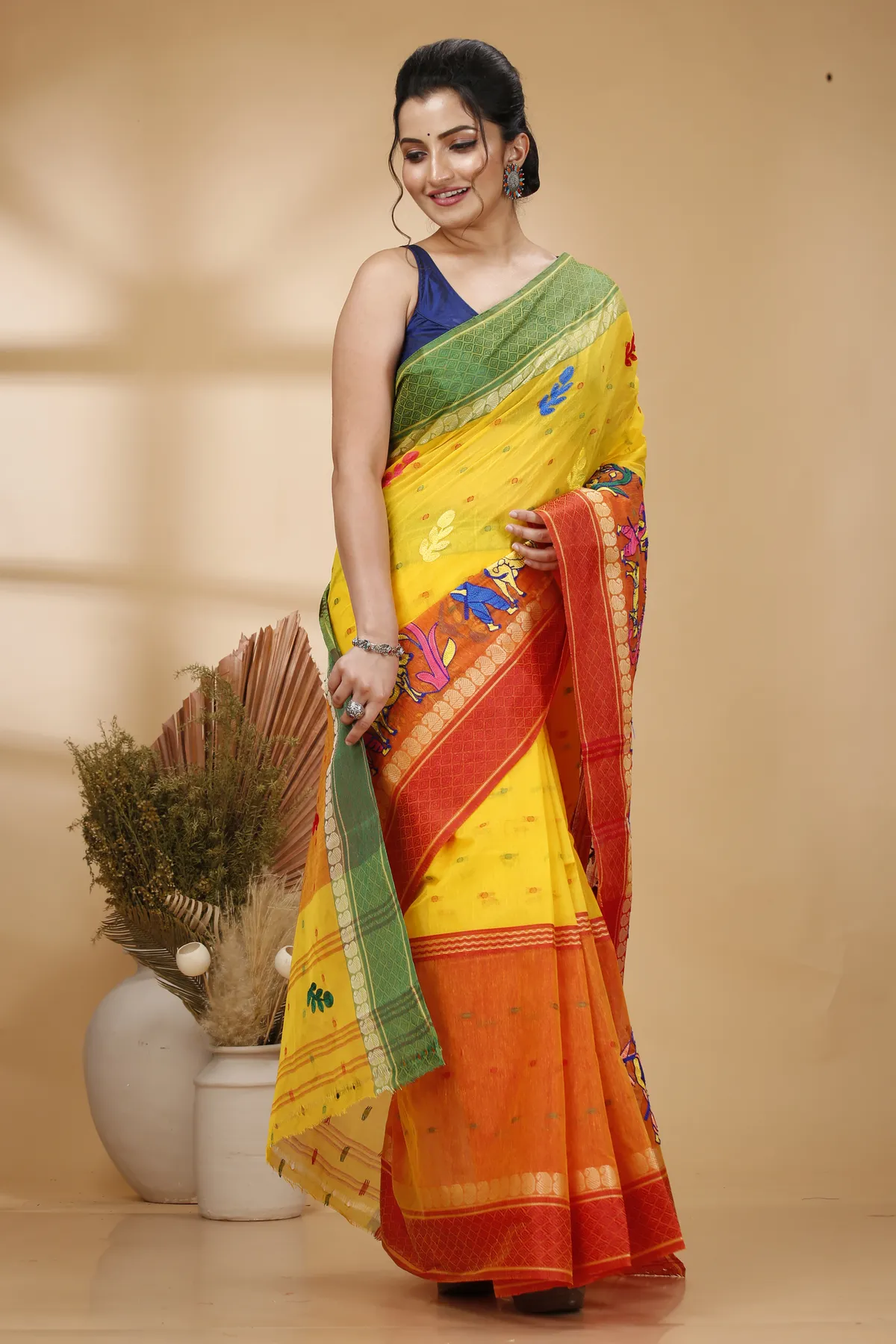 DipDiya Pure Cotton Yellow Red Embi Ganga Agri Rooted in Bengal Embroidery Tant Sarees
