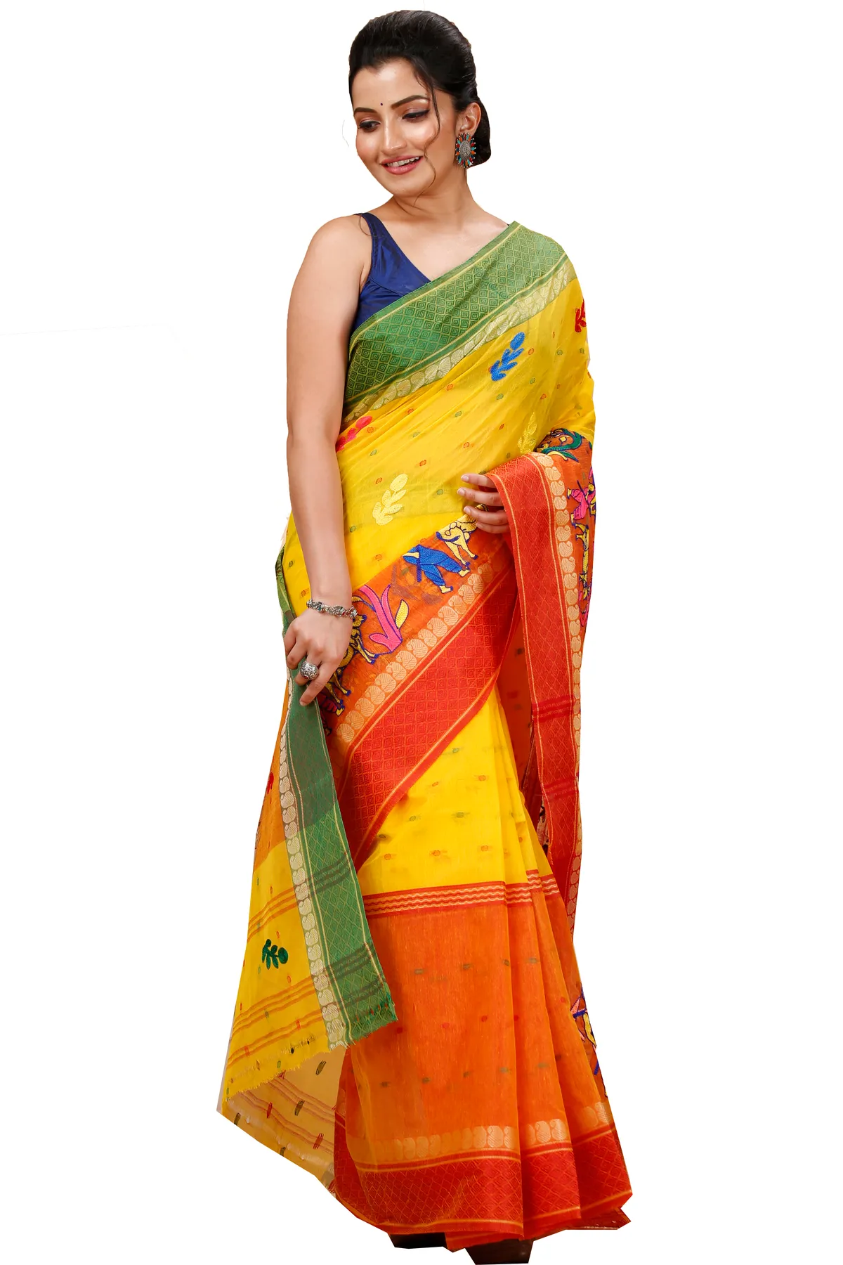 DipDiya Pure Cotton Yellow Red Embi Ganga Agri Rooted in Bengal Embroidery Tant Sarees