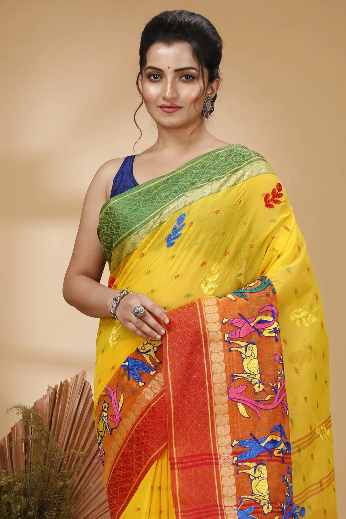 DipDiya Pure Cotton Yellow Red Embi Ganga Agri Rooted in Bengal Embroidery Tant Sarees