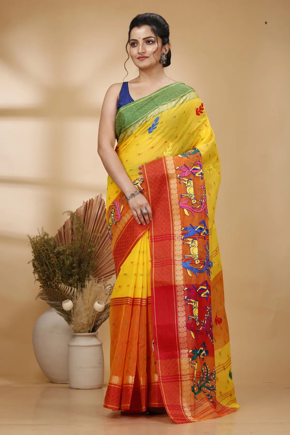 DipDiya Pure Cotton Yellow Red Embi Ganga Agri Rooted in Bengal Embroidery Tant Sarees