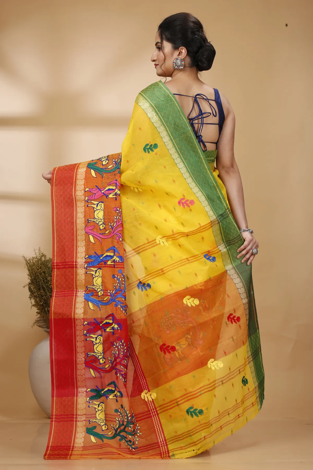 DipDiya Pure Cotton Yellow Red Embi Ganga Agri Rooted in Bengal Embroidery Tant Sarees