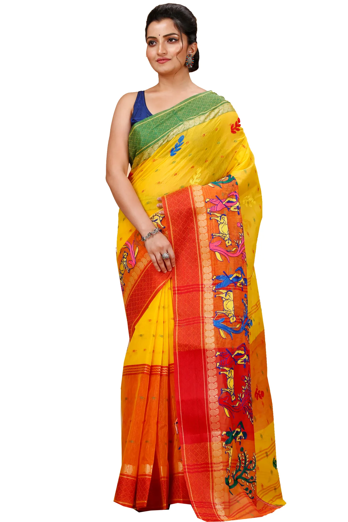 DipDiya Pure Cotton Yellow Red Embi Ganga Agri Rooted in Bengal Embroidery Tant Sarees