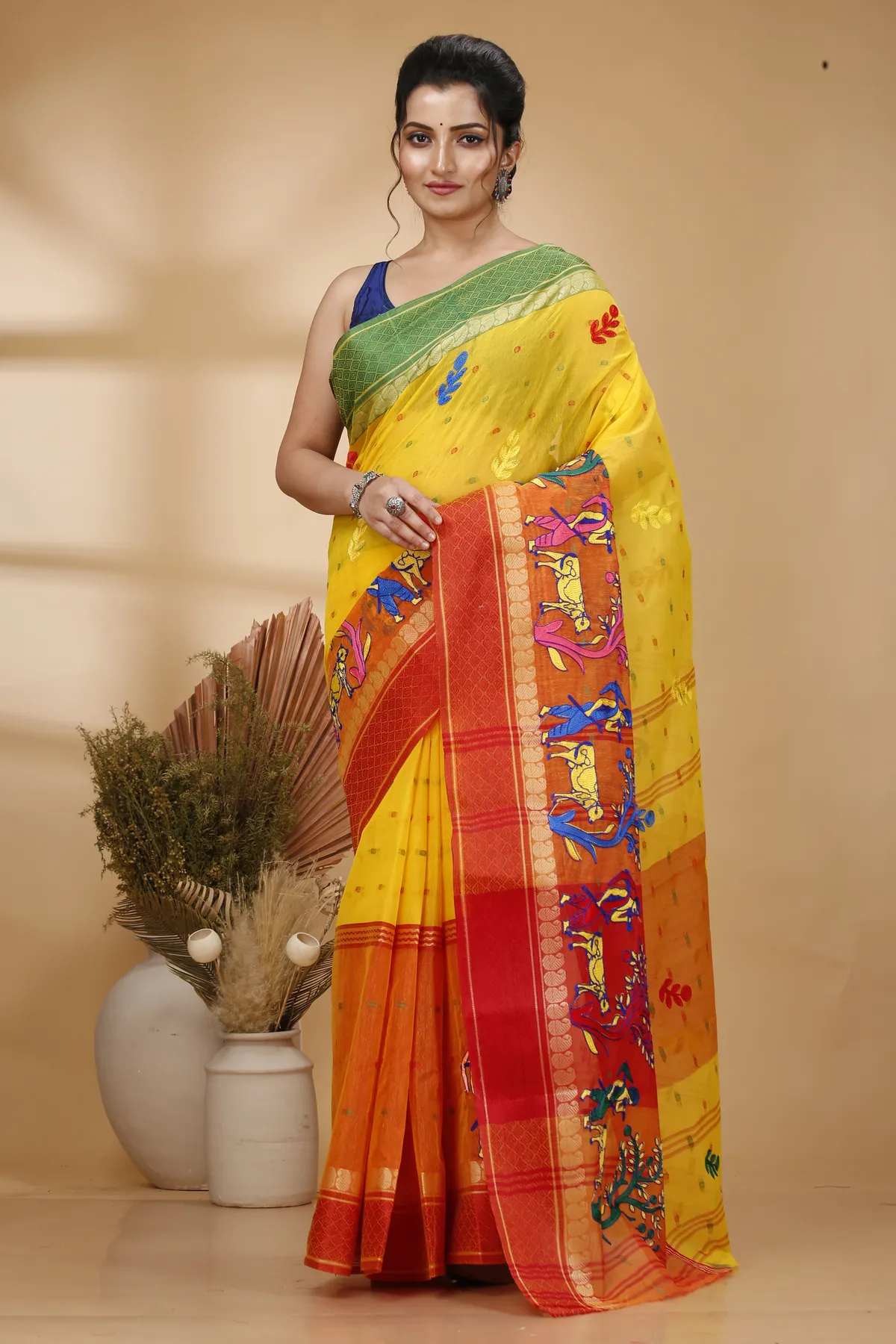 DipDiya Pure Cotton Yellow Red Embi Ganga Agri Rooted in Bengal Embroidery Tant Sarees