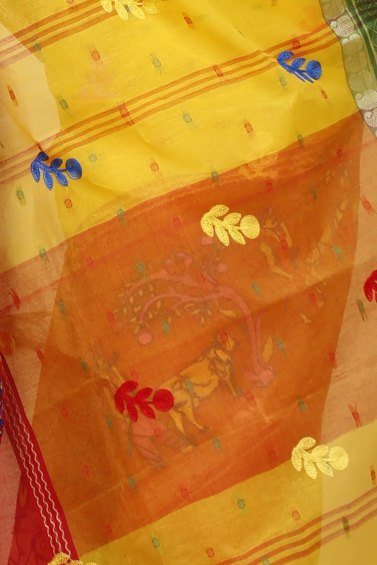 DipDiya Pure Cotton Yellow Red Embi Ganga Agri Rooted in Bengal Embroidery Tant Sarees