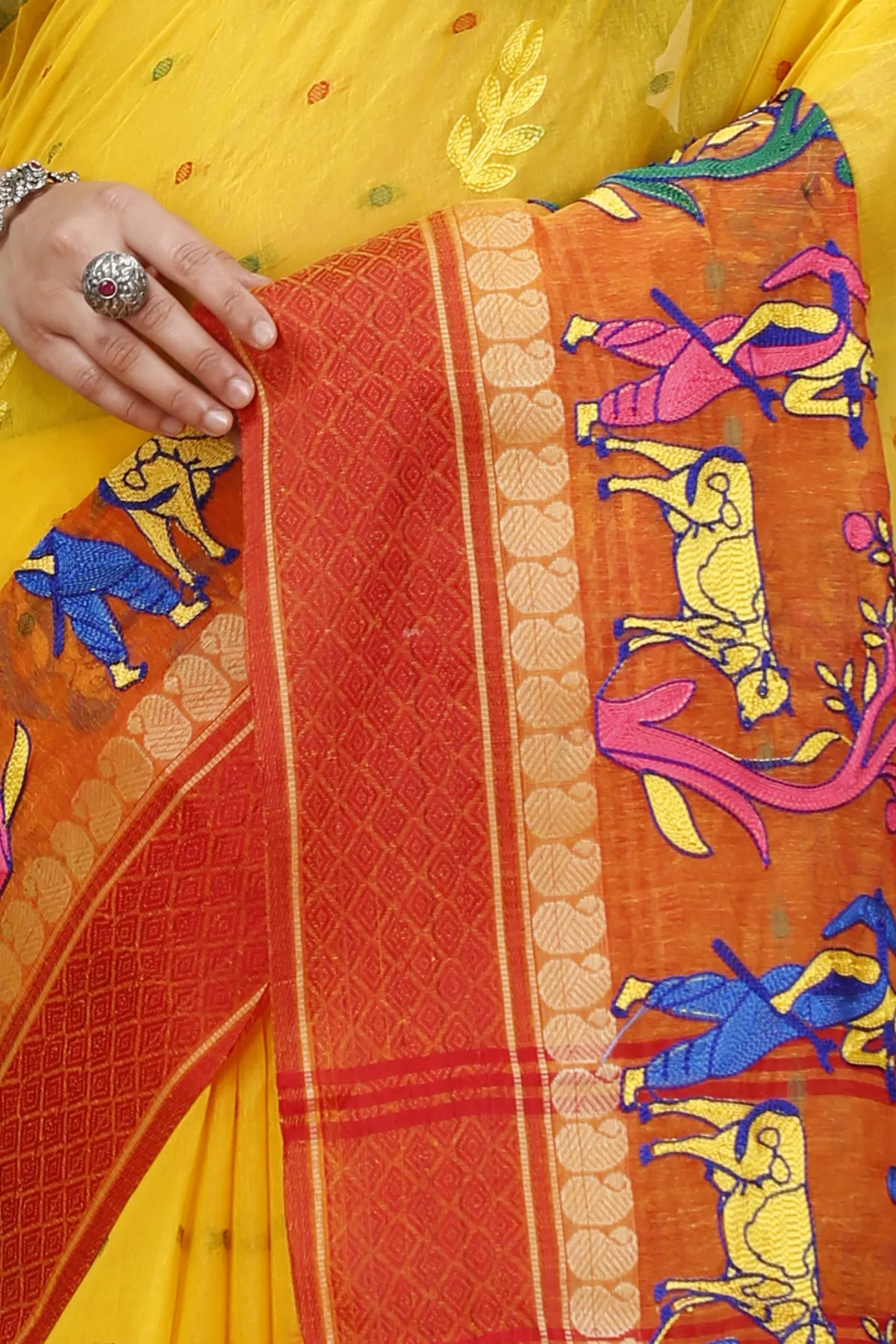 DipDiya Pure Cotton Yellow Red Embi Ganga Agri Rooted in Bengal Embroidery Tant Sarees