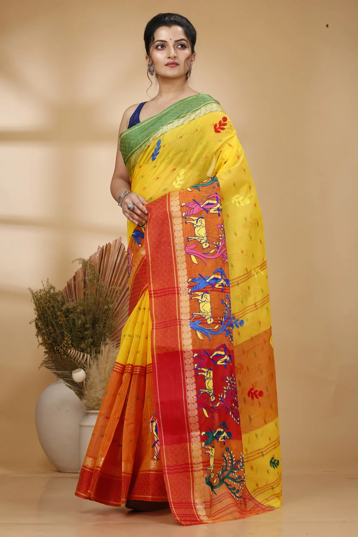 DipDiya Pure Cotton Yellow Red Embi Ganga Agri Rooted in Bengal Embroidery Tant Sarees