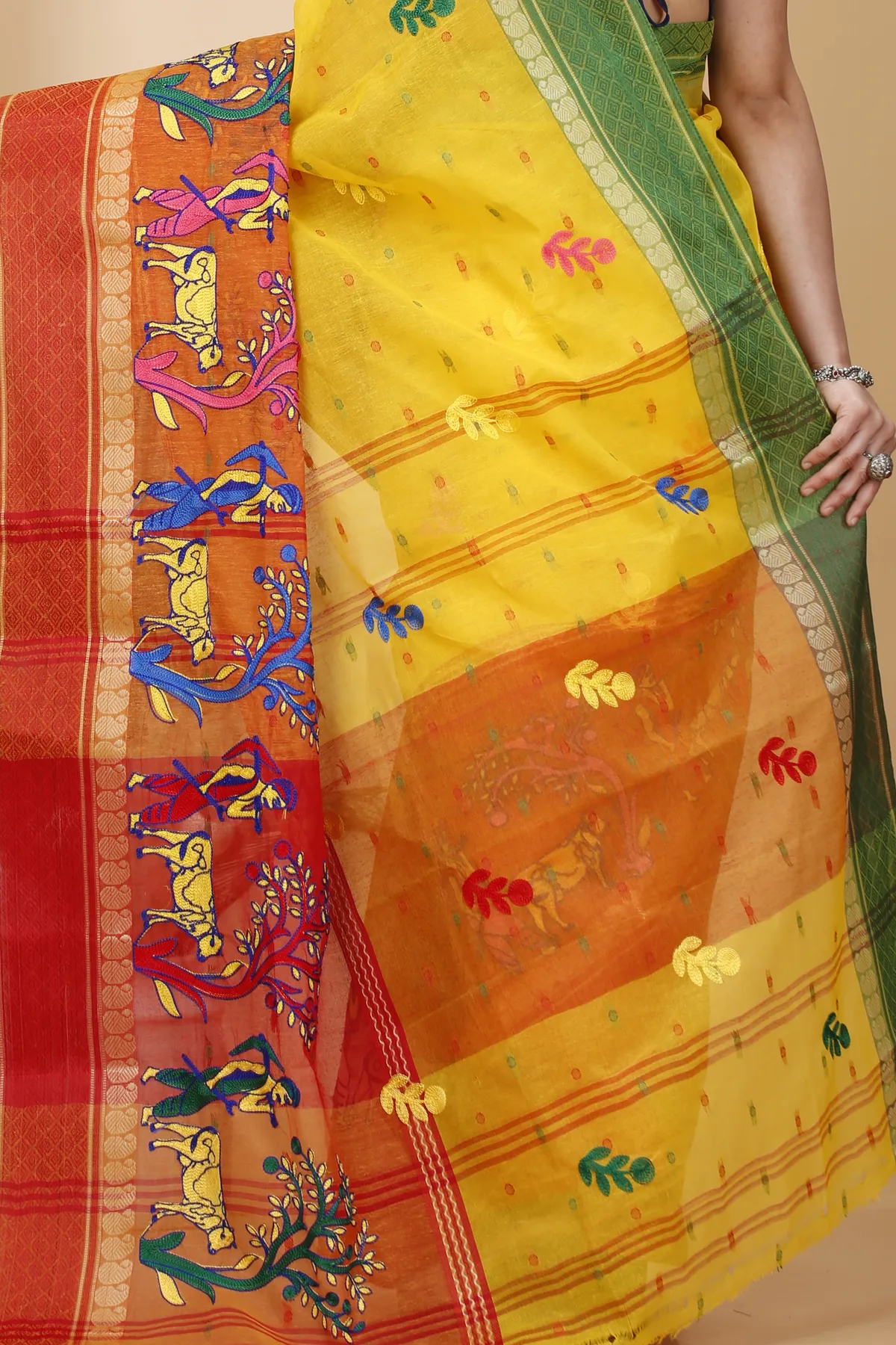 DipDiya Pure Cotton Yellow Red Embi Ganga Agri Rooted in Bengal Embroidery Tant Sarees