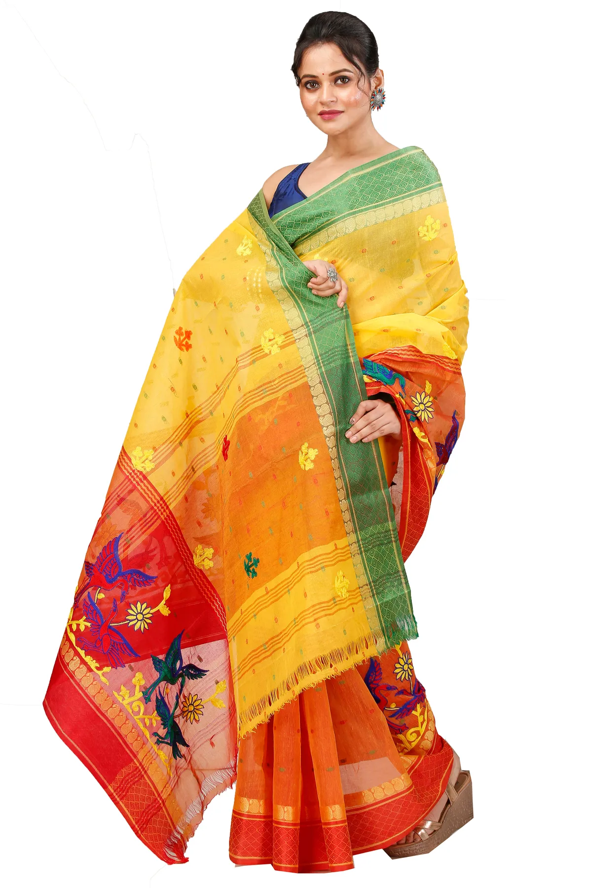 DipDiya Pure Cotton Yellow Red Embi Ganga Bok Woven with Tradition Embroidery Tant Sarees