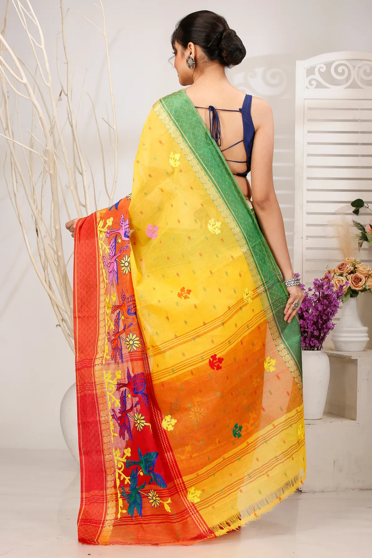 DipDiya Pure Cotton Yellow Red Embi Ganga Bok Woven with Tradition Embroidery Tant Sarees