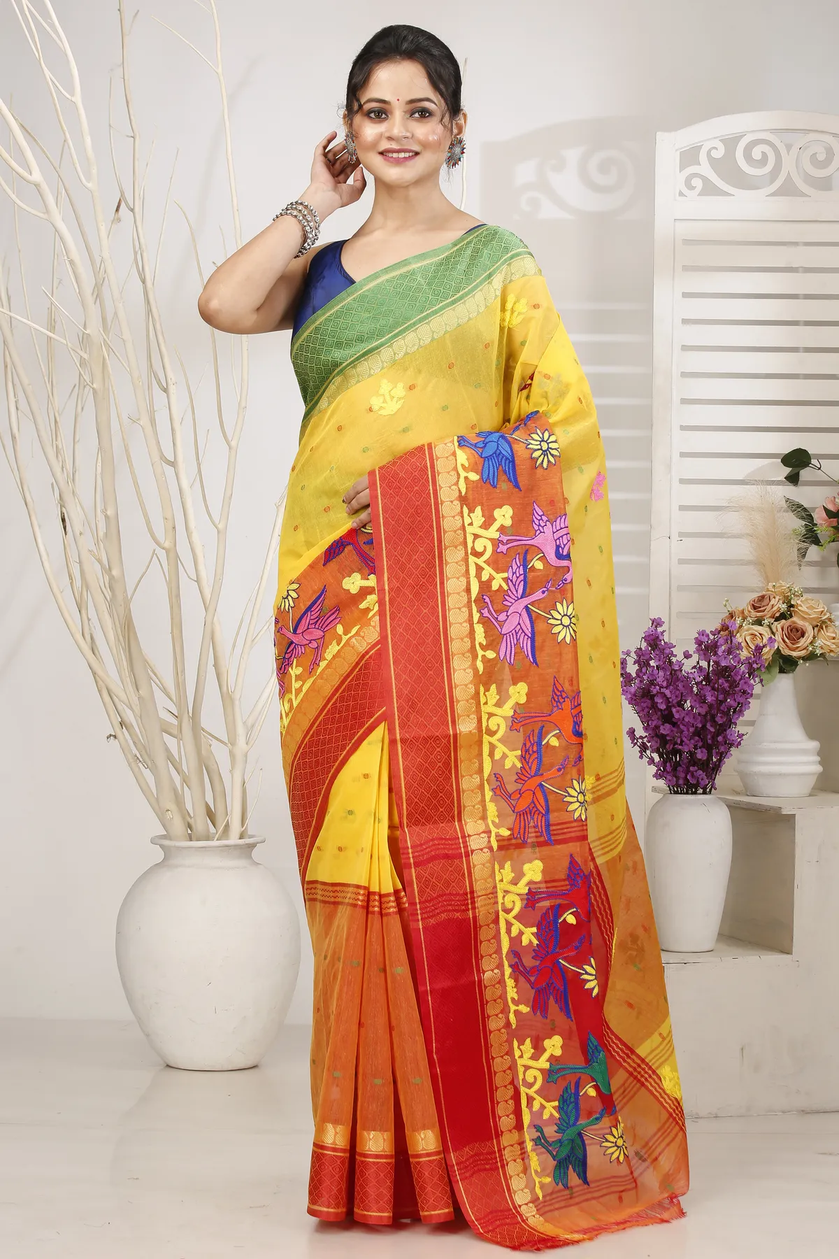 DipDiya Pure Cotton Yellow Red Embi Ganga Bok Woven with Tradition Embroidery Tant Sarees
