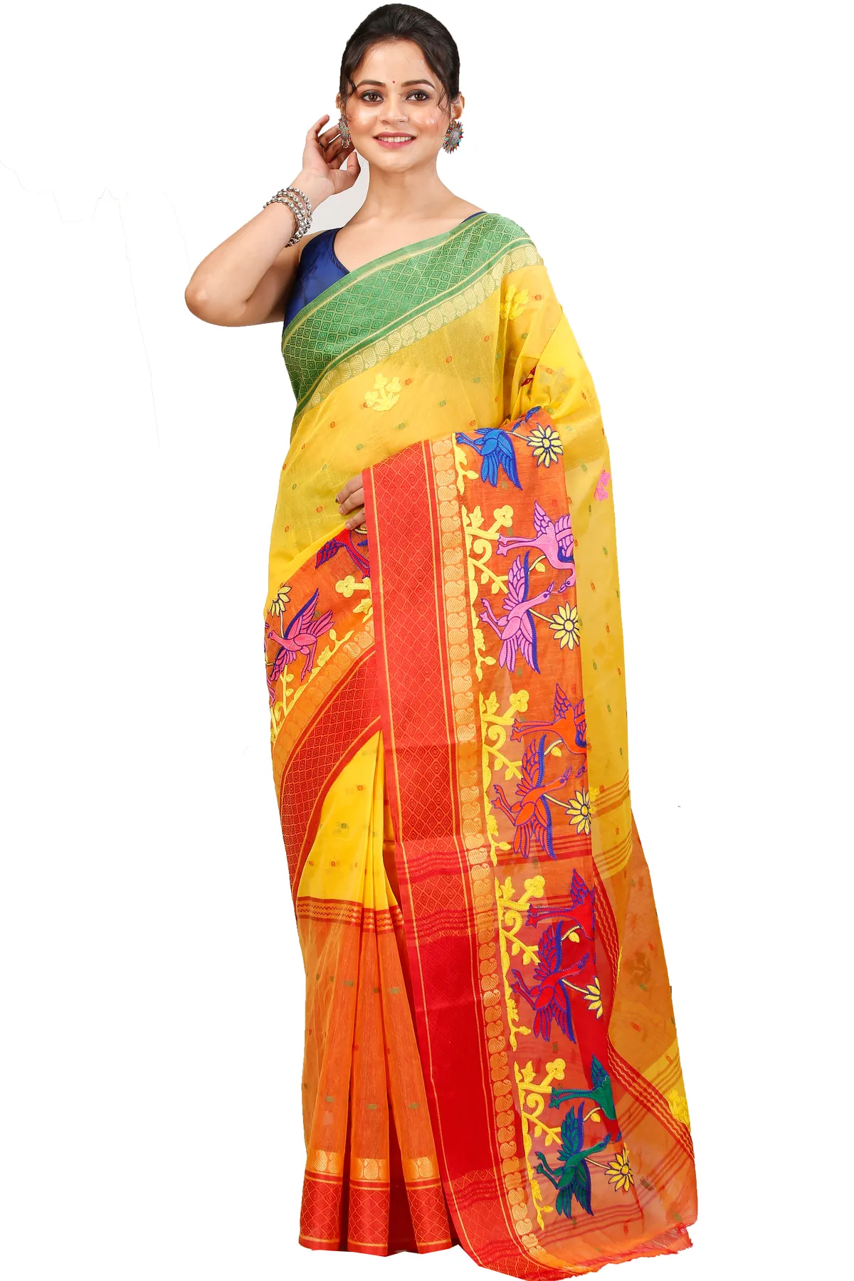 DipDiya Pure Cotton Yellow Red Embi Ganga Bok Woven with Tradition Embroidery Tant Sarees