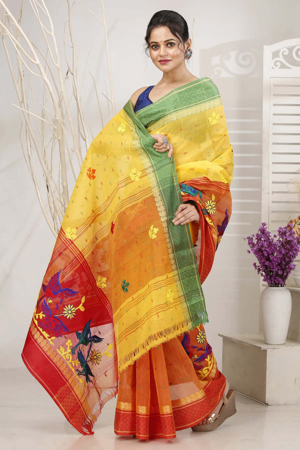 DipDiya Pure Cotton Yellow Red Embi Ganga Bok Woven with Tradition Embroidery Tant Sarees