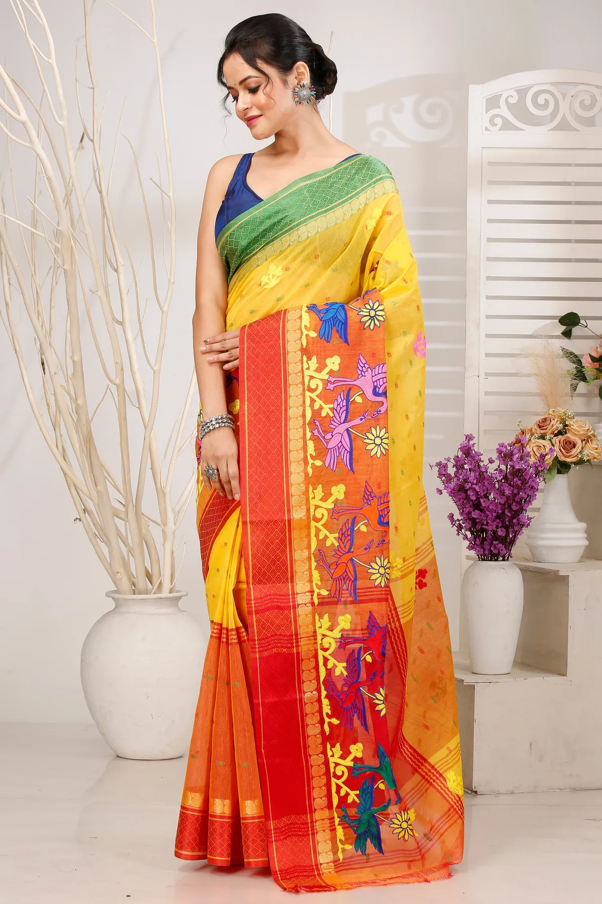 DipDiya Pure Cotton Yellow Red Embi Ganga Bok Woven with Tradition Embroidery Tant Sarees