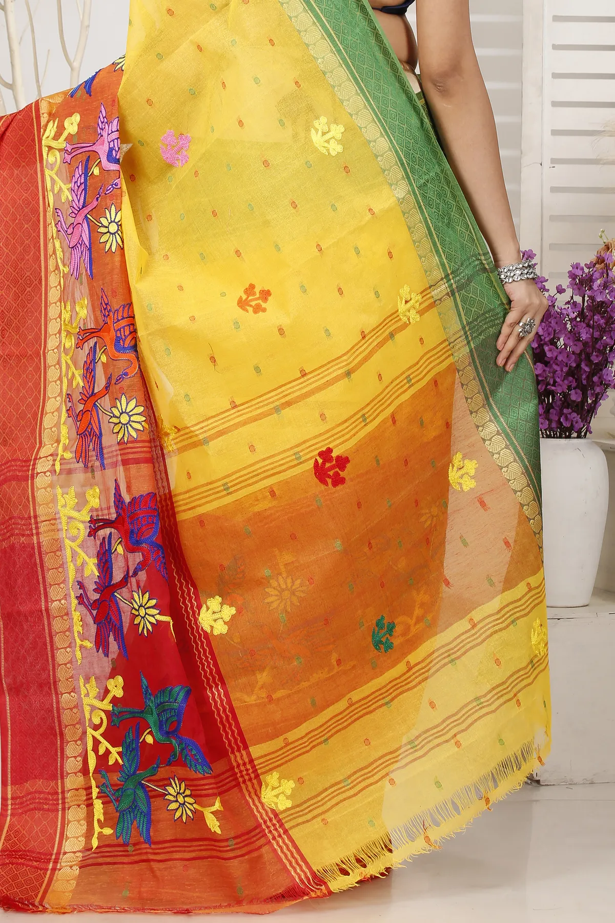 DipDiya Pure Cotton Yellow Red Embi Ganga Bok Woven with Tradition Embroidery Tant Sarees
