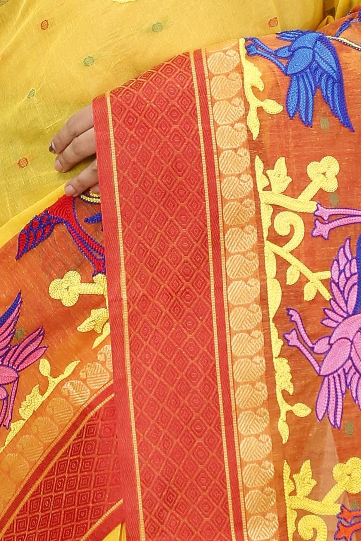 DipDiya Pure Cotton Yellow Red Embi Ganga Bok Woven with Tradition Embroidery Tant Sarees