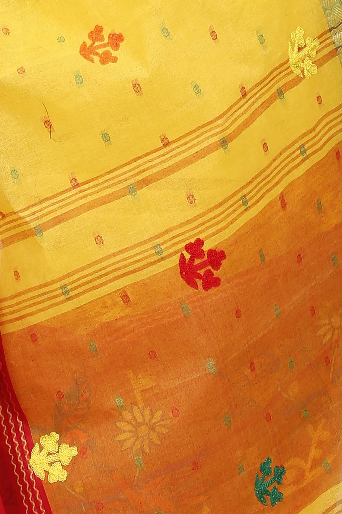 DipDiya Pure Cotton Yellow Red Embi Ganga Bok Woven with Tradition Embroidery Tant Sarees