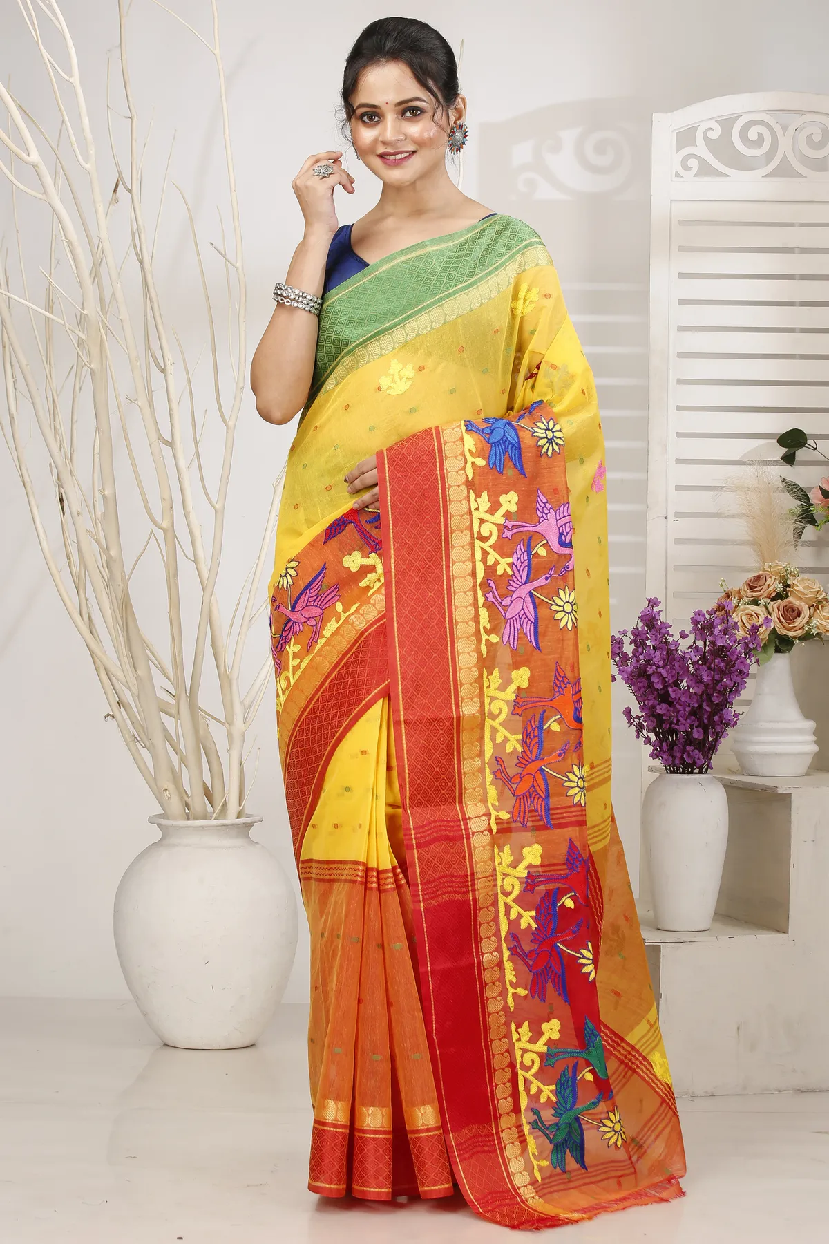 DipDiya Pure Cotton Yellow Red Embi Ganga Bok Woven with Tradition Embroidery Tant Sarees