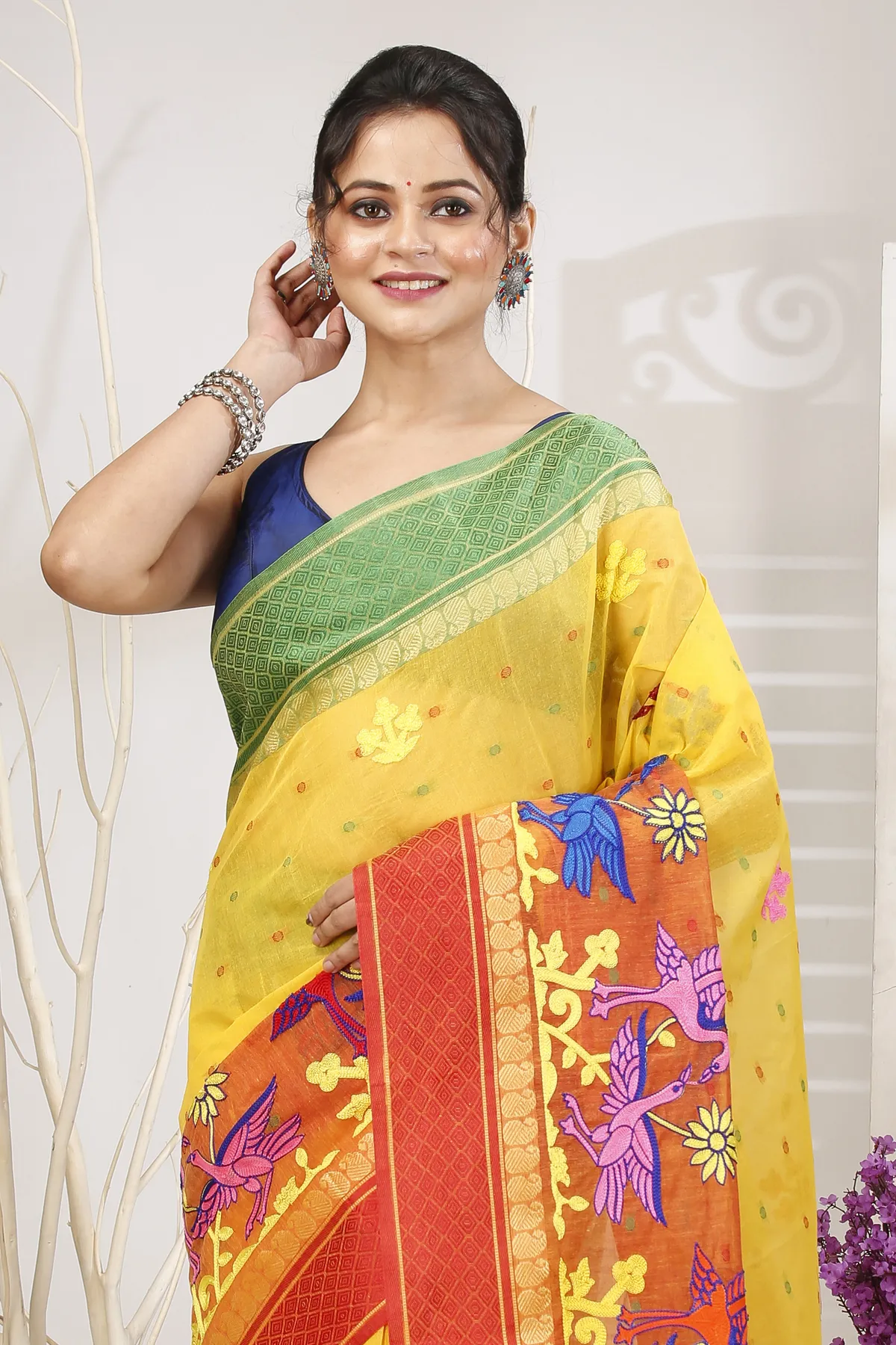 DipDiya Pure Cotton Yellow Red Embi Ganga Bok Woven with Tradition Embroidery Tant Sarees