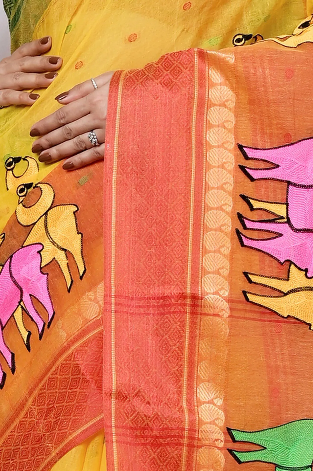 DipDiya Pure Cotton Yellow Red Embi Ganga Indra Woven by Hand Embroidery Tant Sarees