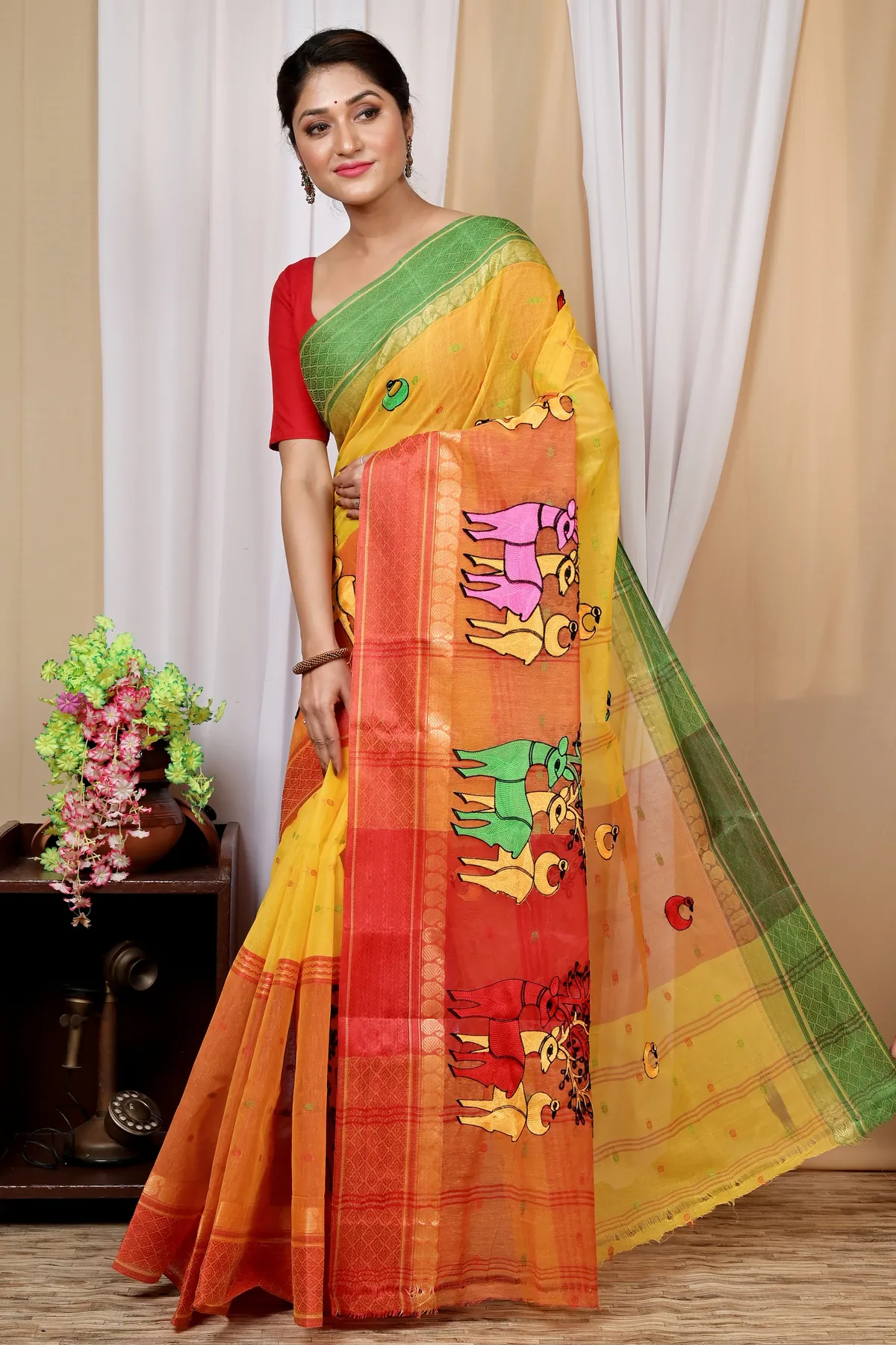 DipDiya Pure Cotton Yellow Red Embi Ganga Indra Woven by Hand Embroidery Tant Sarees