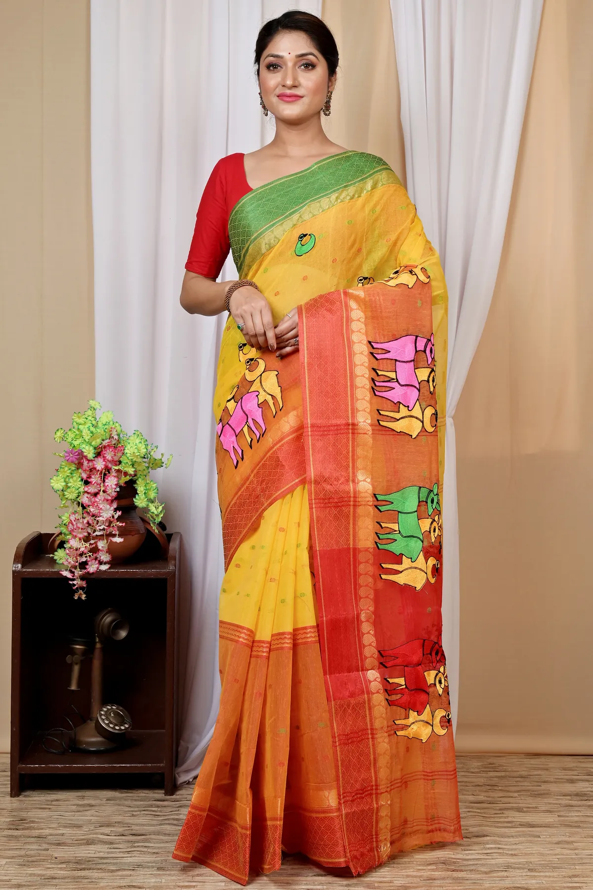 DipDiya Pure Cotton Yellow Red Embi Ganga Indra Woven by Hand Embroidery Tant Sarees
