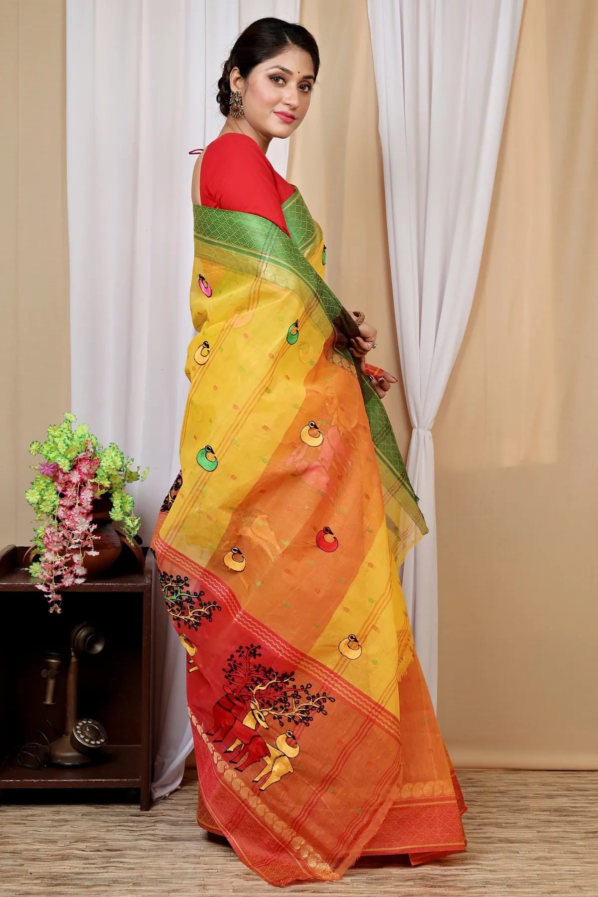 DipDiya Pure Cotton Yellow Red Embi Ganga Indra Woven by Hand Embroidery Tant Sarees