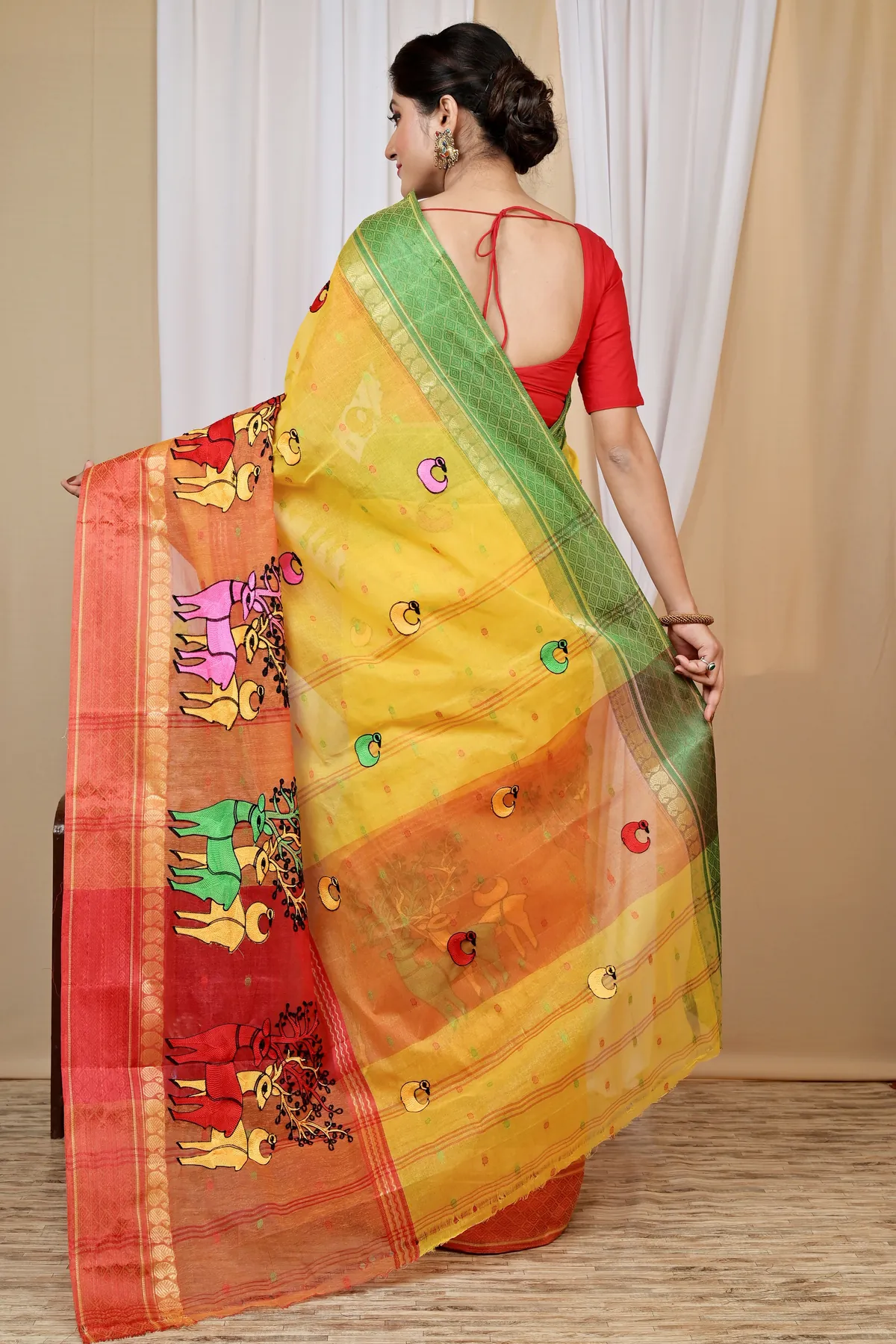 DipDiya Pure Cotton Yellow Red Embi Ganga Indra Woven by Hand Embroidery Tant Sarees