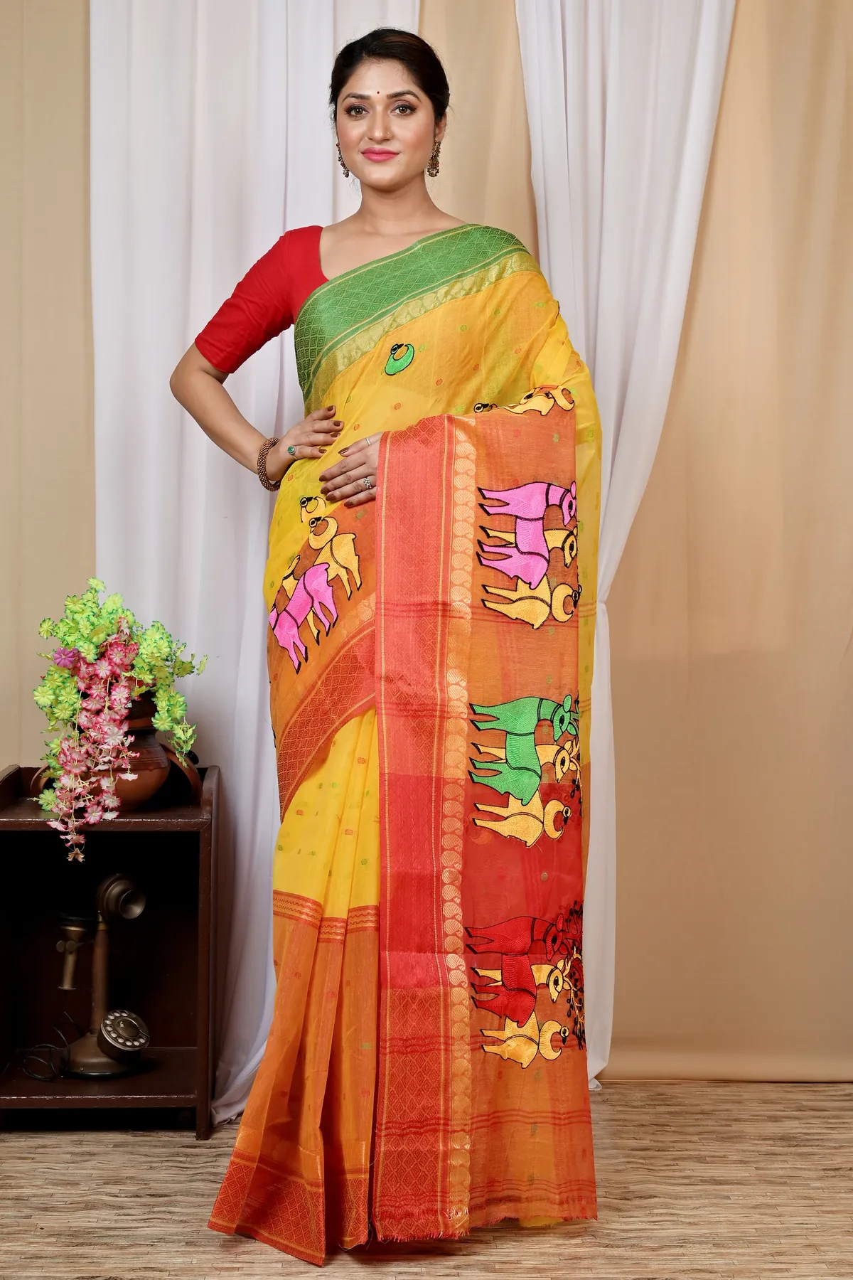 DipDiya Pure Cotton Yellow Red Embi Ganga Indra Woven by Hand Embroidery Tant Sarees