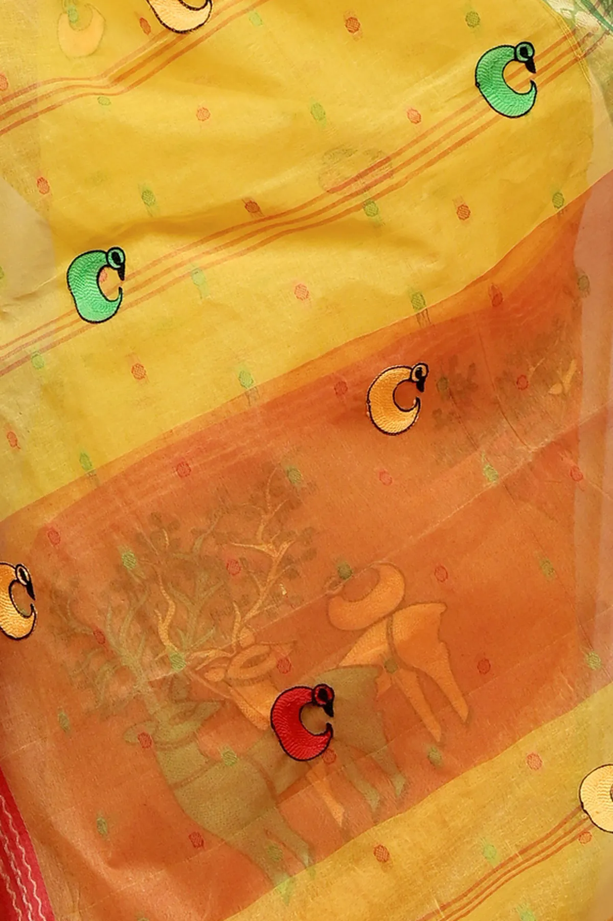 DipDiya Pure Cotton Yellow Red Embi Ganga Indra Woven by Hand Embroidery Tant Sarees