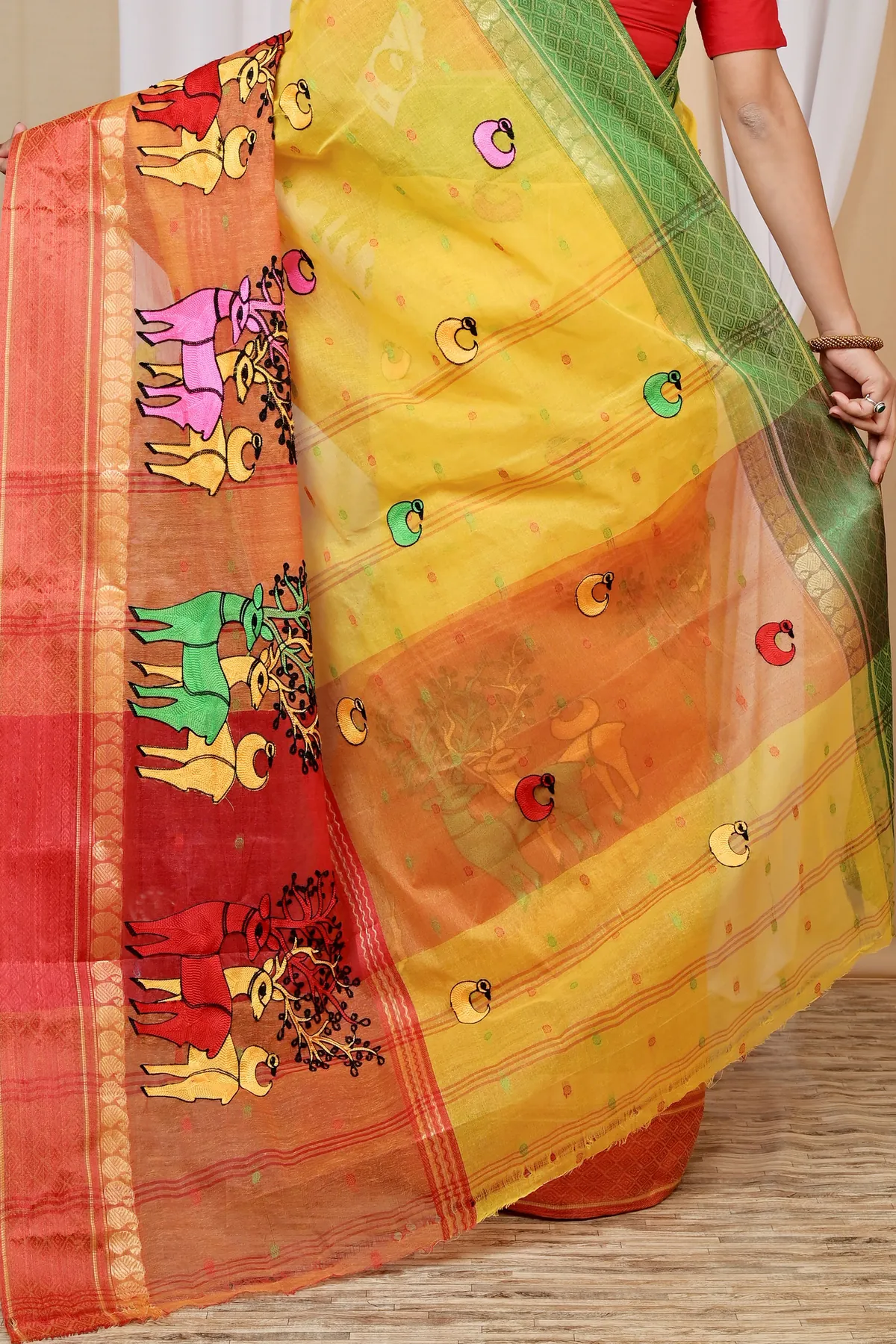DipDiya Pure Cotton Yellow Red Embi Ganga Indra Woven by Hand Embroidery Tant Sarees