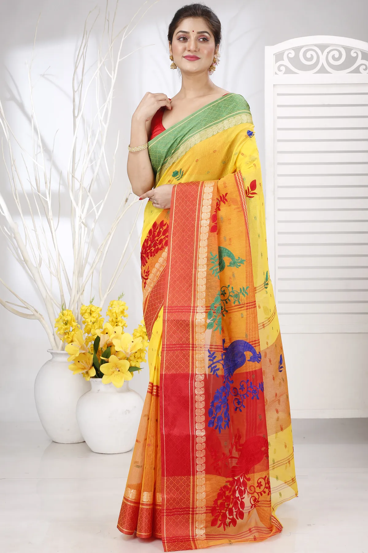 DipDiya Pure Cotton Yellow Red Embi Ganga Moyur Artisan Woven Embroidery Tant Sarees