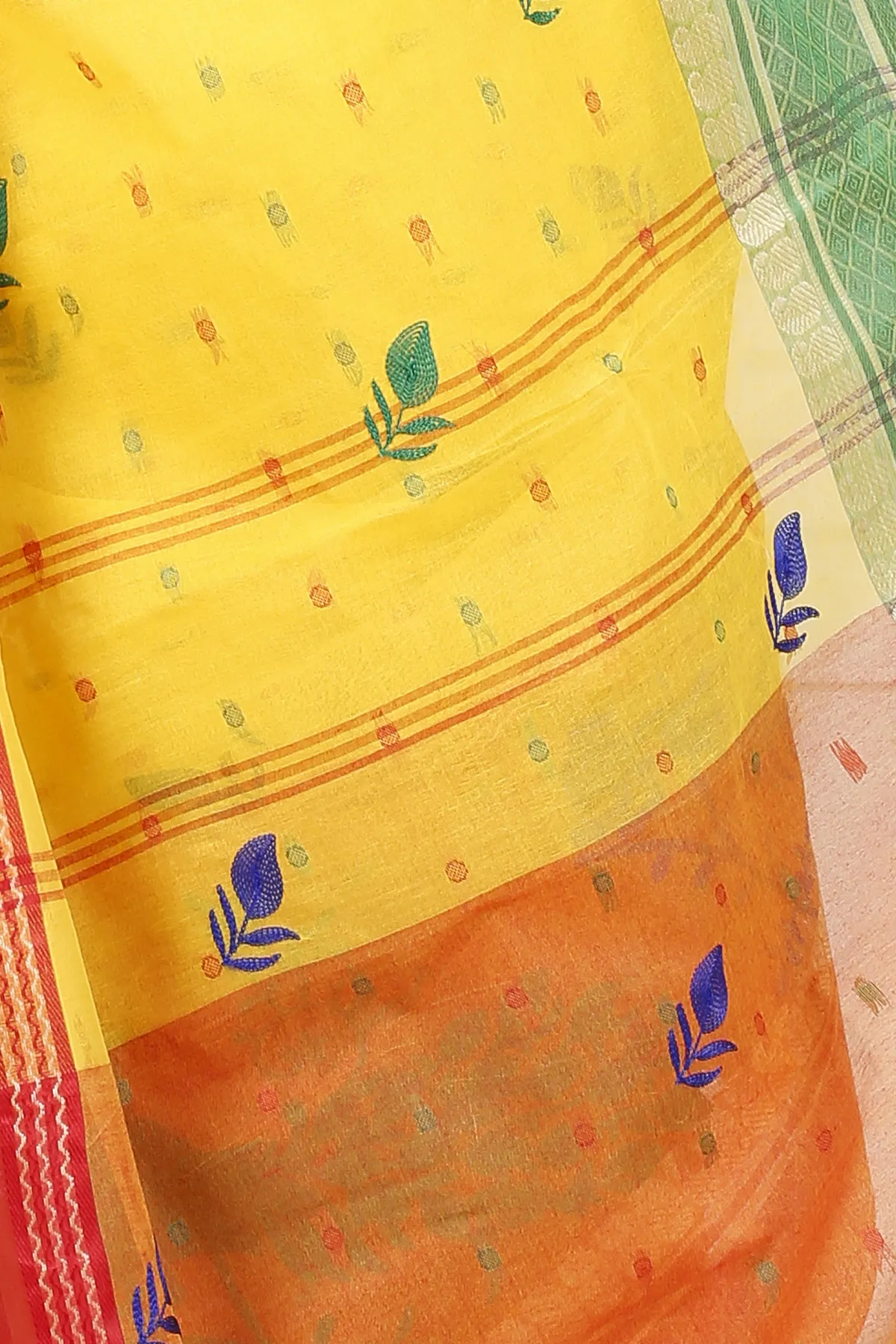 DipDiya Pure Cotton Yellow Red Embi Ganga Moyur Artisan Woven Embroidery Tant Sarees