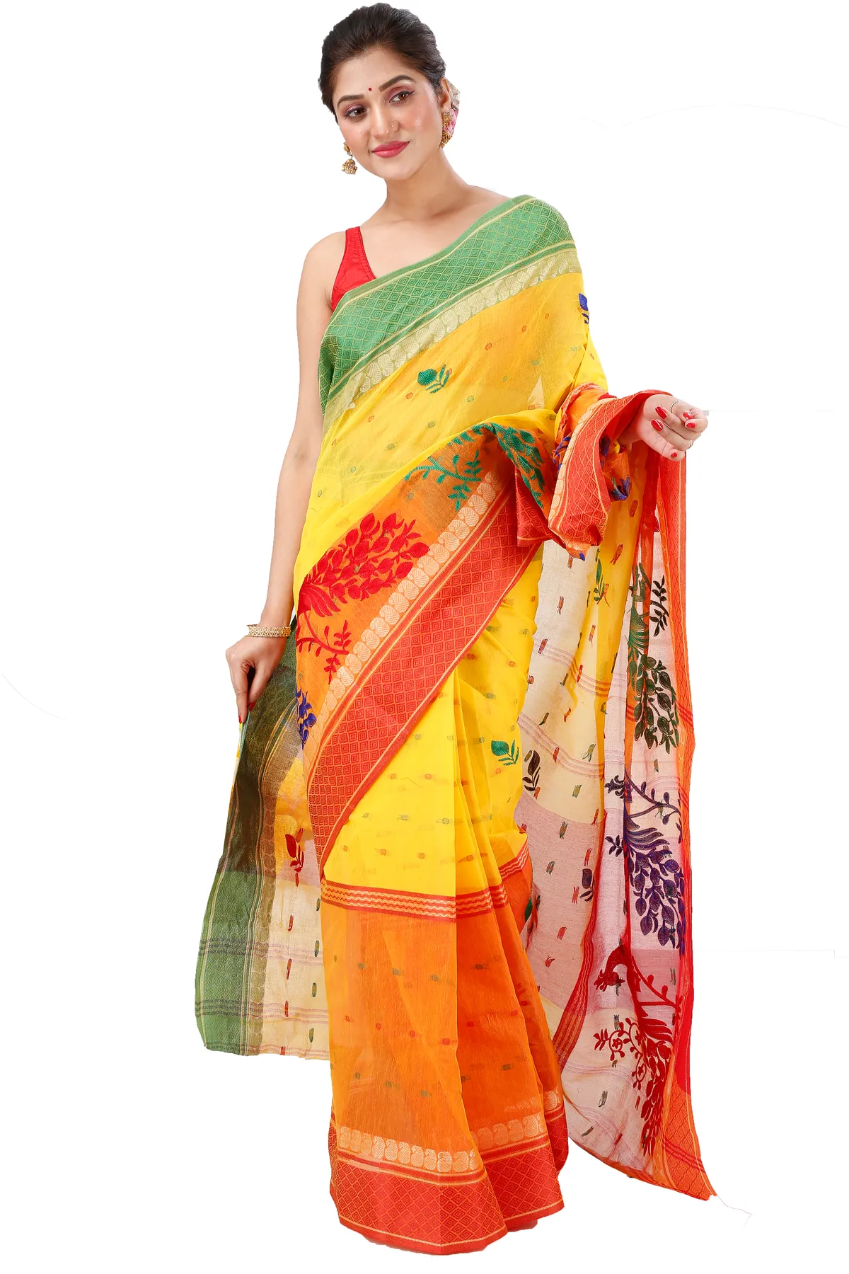 DipDiya Pure Cotton Yellow Red Embi Ganga Moyur Artisan Woven Embroidery Tant Sarees
