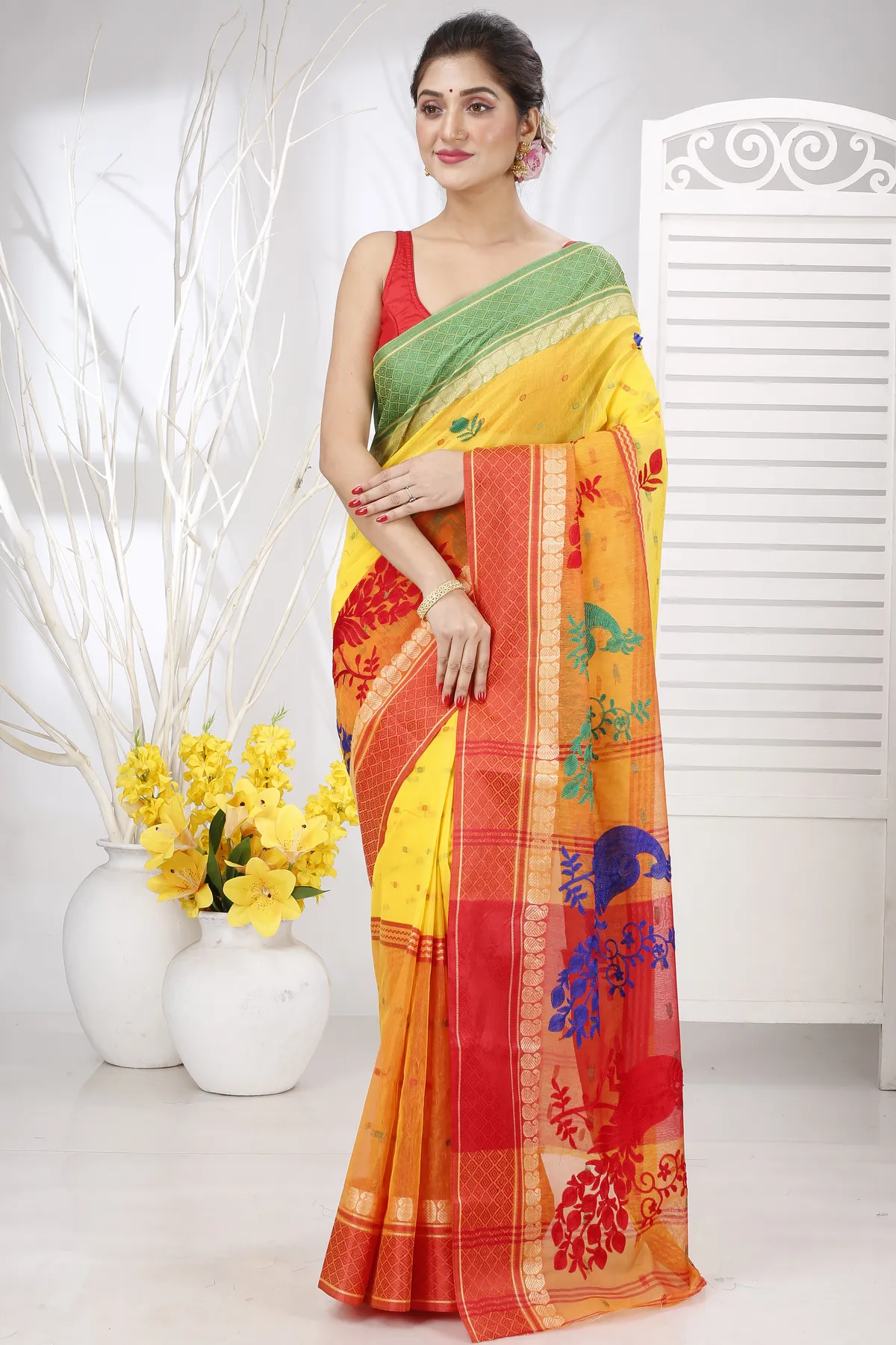DipDiya Pure Cotton Yellow Red Embi Ganga Moyur Artisan Woven Embroidery Tant Sarees
